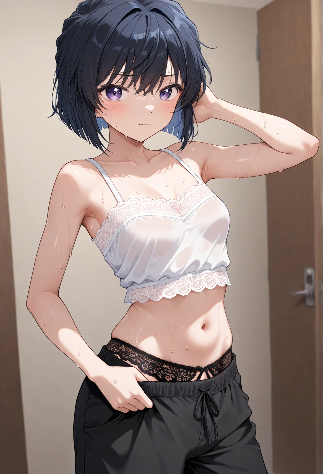 Cute Japanese high school girl with short cut black hair. She is disappointed when she sees her whole body in the mirror. Underwear. Small breasts, poor belly, slender body, poor body.