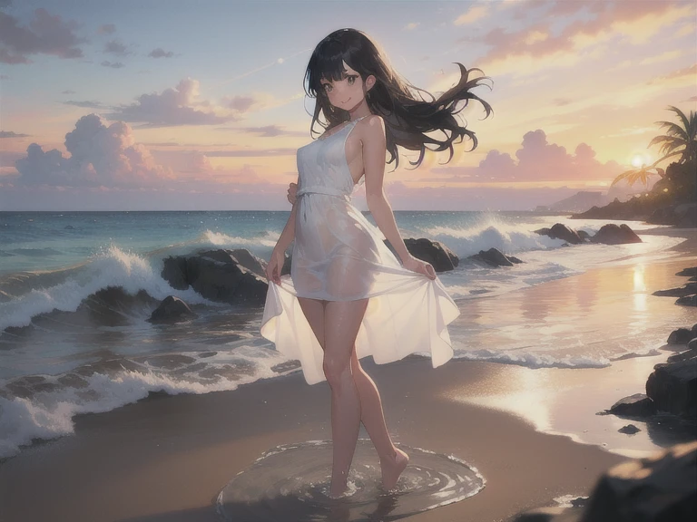 (masterpiece, Best quality), ((1 girl, One, long hair)), Ishmael_limbo, expression of innocence, Bare hands, bare shoulders, Bare neck, watercolor, sundress, liquid clothing, water, waves, water dress, BLUE_Topic, night, fog, Dark, Sharp Focus, sea, A transparent dress, orange hair