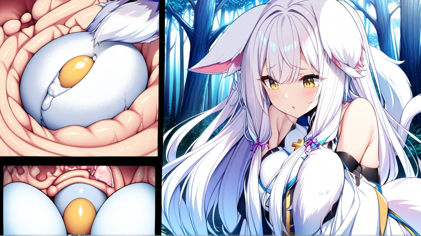 Highest quality、Great quality、16K、alone、fluffy、Furry、 A sparkling fantasy world where super cute beast girls jump around happily、Goat Beastman、Goat-like pupils、Horizontal pupil、Goat horns、Goat ears、Goat lower body、Goat Leg、Reverse jointed feet、The jointed hind leg of an animal、covered in fur up to the waist、Completely naked、Long, saggy small breasts、Long Breasts、Saggy breasts、Huge nipples、Upturned nipples、Wide-open legs、fertilized egg cell、Sperm crowding around the egg、Obtained with sperm、Giant sperm、Enlarged labia、Love juice overflowing from the vaginal opening