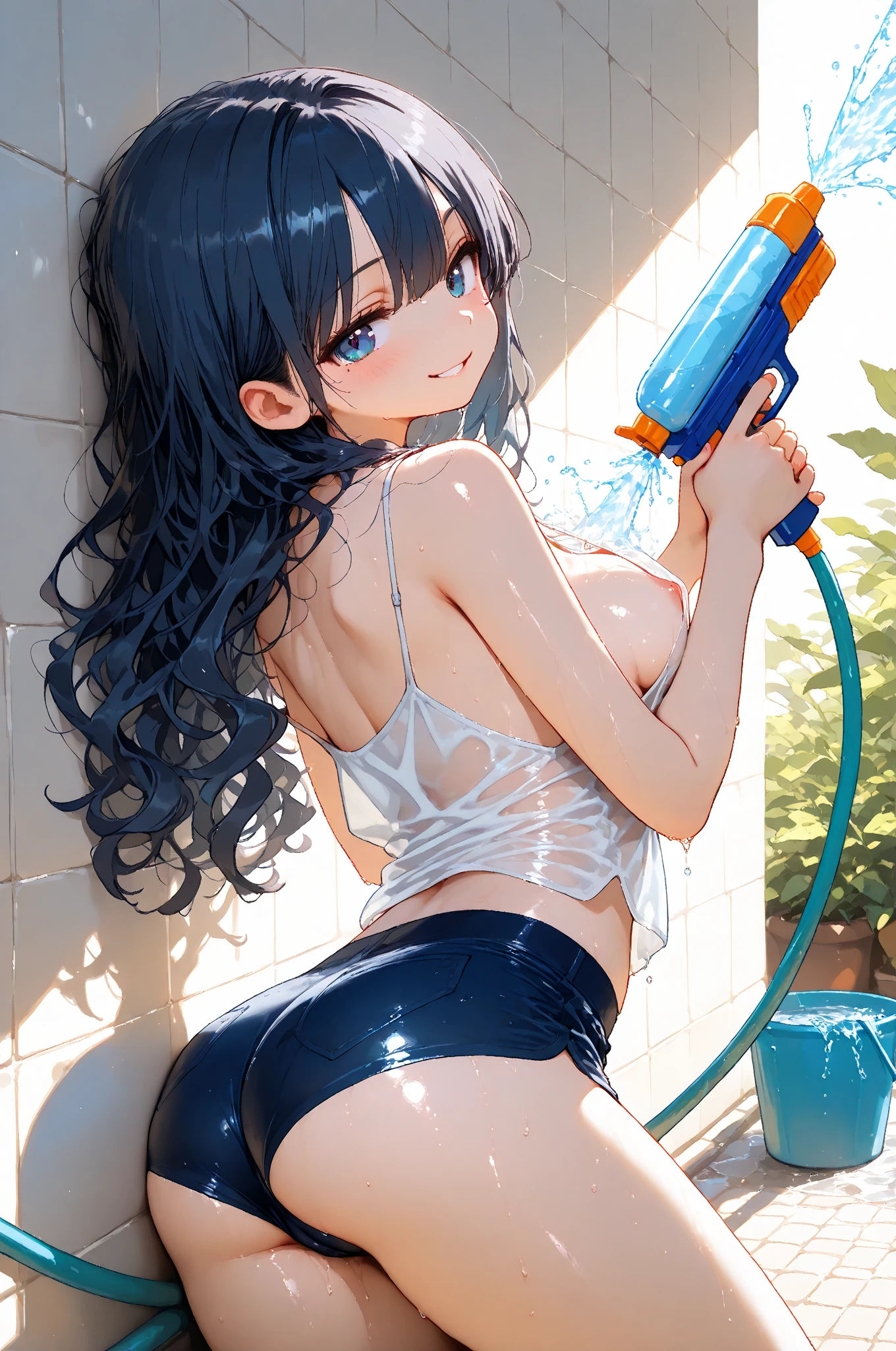 (Perfect body),Best Quality,16 K、(((((Lori)))))、((Light blue striped panties))、(Light blue sports bra)、(((blush)))、:D、V-shaped eyebrow、straight haired、((long))、(brue eyes),((purple color hair)),(Sweat)、((Big ass))、((((flat chest))))、(((thick thighs)))、Armpits、Hands behind the head、(kneeking)、(spreading legs)、bubble baths、((bubbling))、Shower room