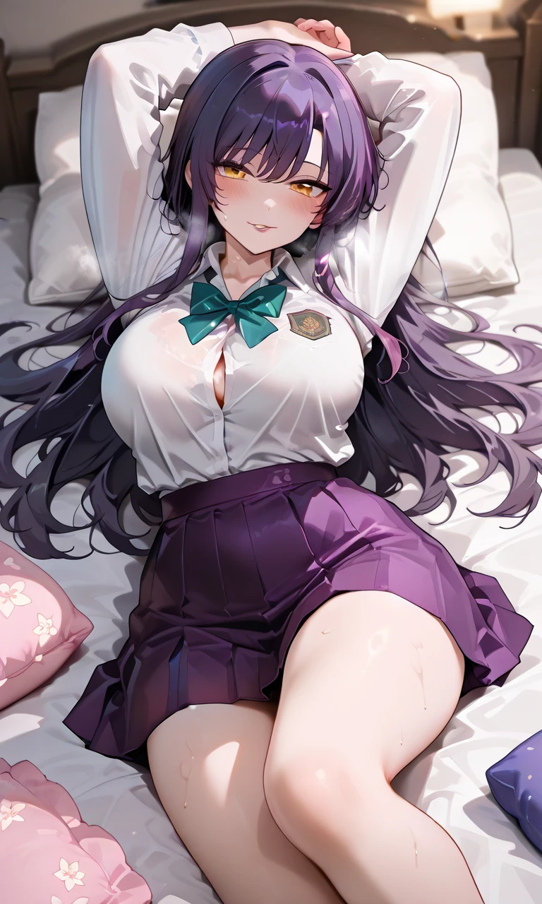 (best quality, 8k, 32k, masterpiece, UHD:1.2), highres, sharp focus, detailed outfit, beautiful detailed hair, delicate details, 1 girl, long hair, straight hair, (multicolored hair, gradient hair, two-tone hair, black hair, purple hair:1.2), purple eyes, blue earrings, parted lips, blush, large breasts, pajama, cleavage, cute, shy, sweet, indoors, night, dim, bedroom, bed, window, curtains, dynamic pose, dynamic angle, looking at viewer, nice hands, perfect hands, outfit-gls, sweater, high-waist skirt, long skirt