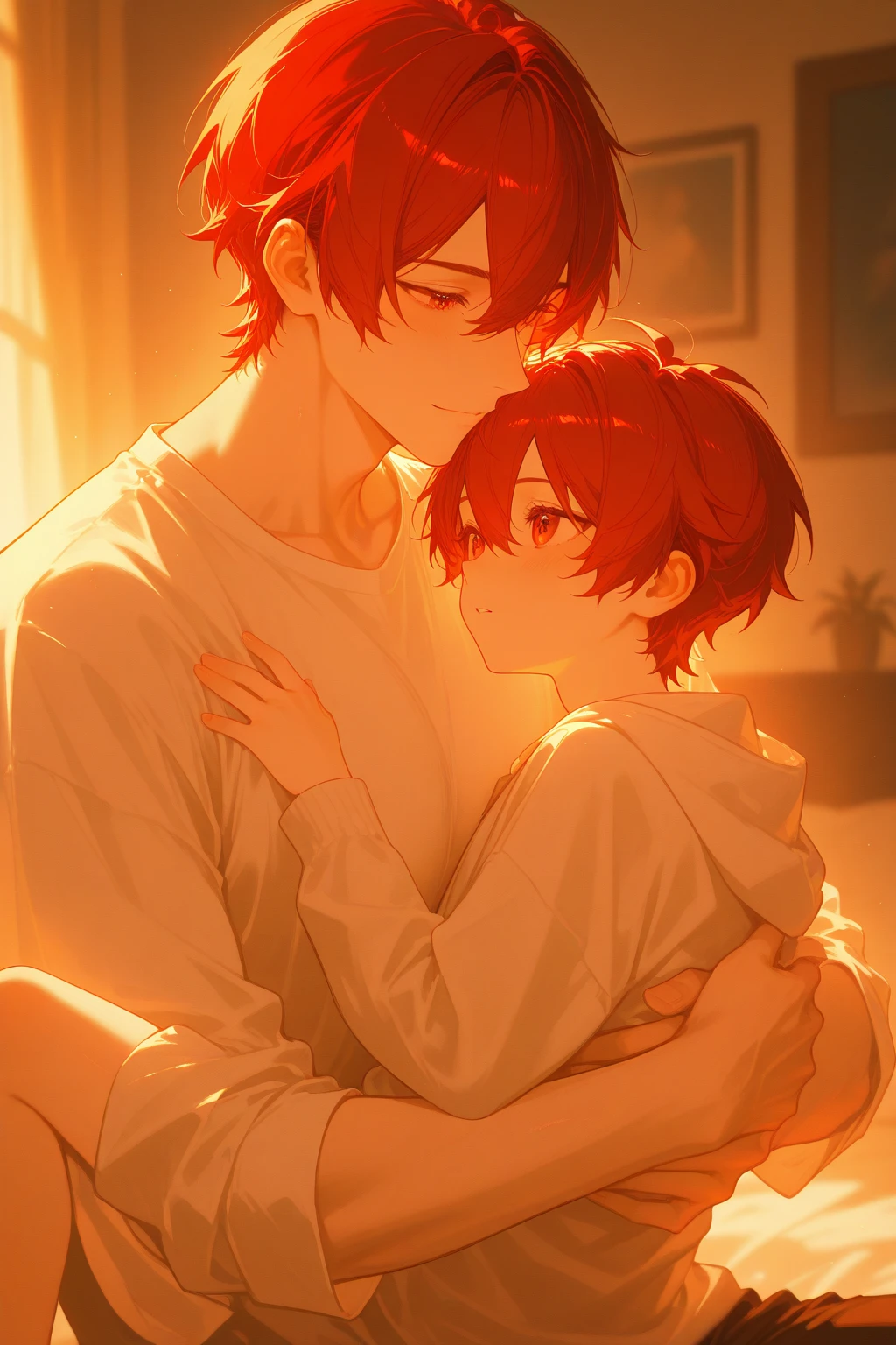 Yeonjun, with his deep orange hair, sports a pure look and an angelic face. He wears comfortable pajamas and a white shirt that highlights his figure. In his arms, Christopher hugs him tightly, dispelling his fears in the cold night that surrounds them. Christopher's ink-black hair contrasts with the softness of his white shirt. bathes their faces in a silver light, while the wind whispers a melody of love. Yeonjun feels comforted in Christopher's chest, his heart finding peace as they rest on the bed, embraced by the silence of the night. Yeonjun is 1 and Christopher is 20 years old, both are male.