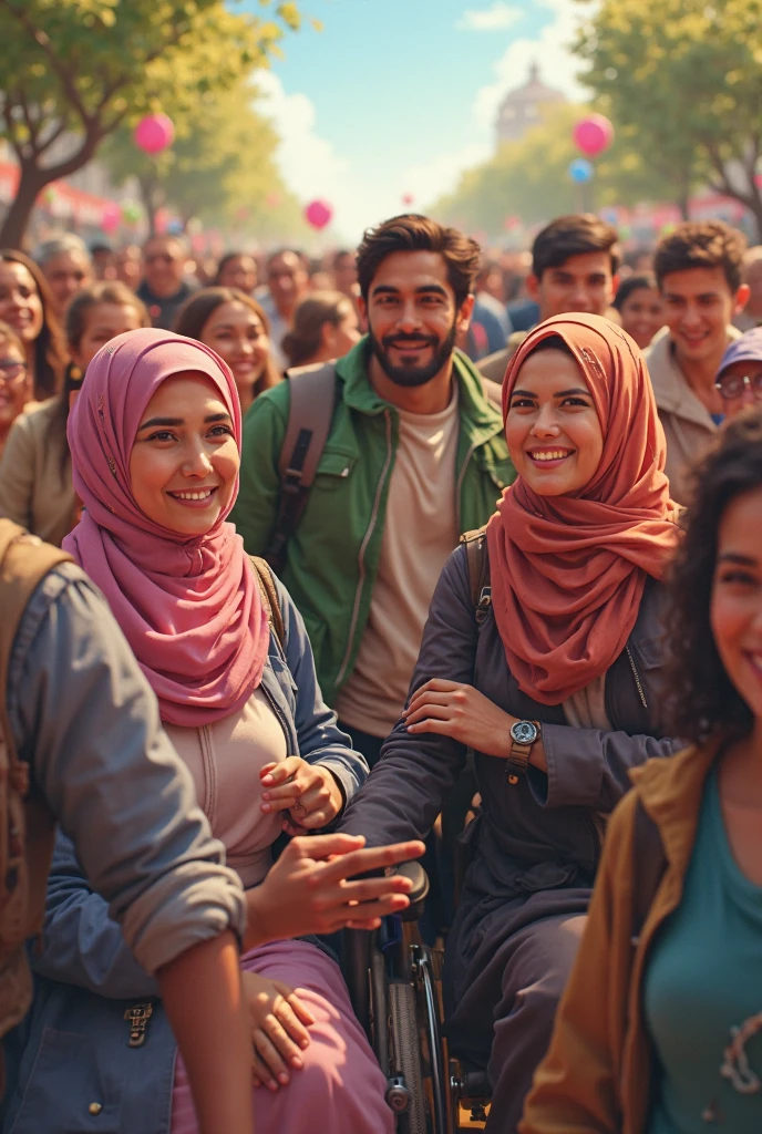 ((3 hijabless man wear jacket sitting), (2 hijabbed woman sitting), (1 hijabless teenage girl sitting)), casual fashion, happy expression, just concentrate, white skin people, crowdless background, extreme detail, masterpiece, 4k, adult 3D character, proportional, cinematic lighting
