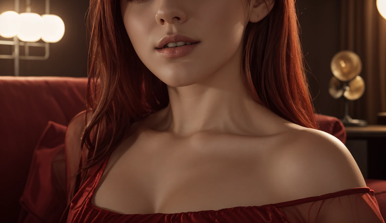 Btflindngds, a beautiful girl named Mai, big lips, ginger, gorgeous actress, european, photograph by artgerm and (greg rutkowski:0.3), (cinematic:0.4) lighting, big natural breasts, breast cleavage, bikini, dark Mansion , skinny body, jewellery, chokers, very hot girl