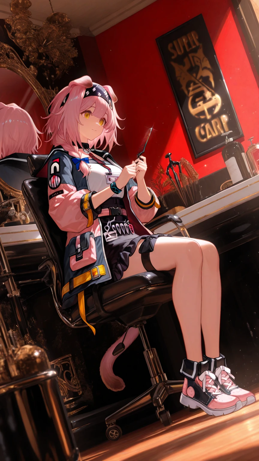 highest quality, clear and well-groomed face, Clear, bright and shining eyes, long eyelashes, punk girl, earrings, body tattoo, Navel exposed, Obscene lines, toned abdomen, super mini skirt, belt, sit, Open your legs to show your pants, Underbust visible,