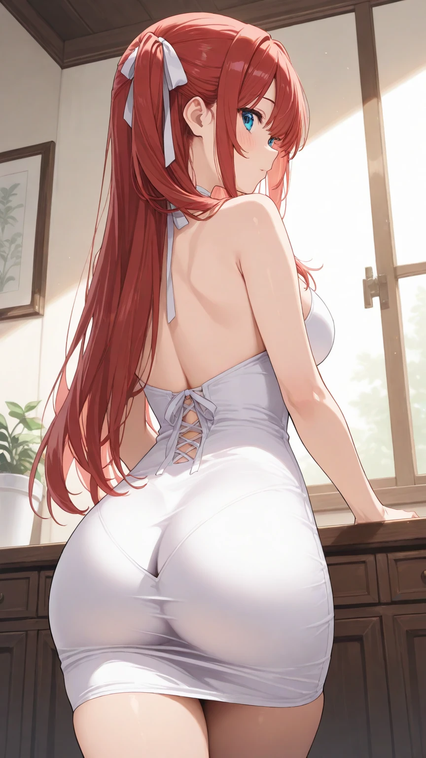 Girl, tall, beautiful, curvy, big ass, big breasts, (redhead), (long twin braids), black thongs, (big baggy see throught shirt), kneeling on bed, spreading legs