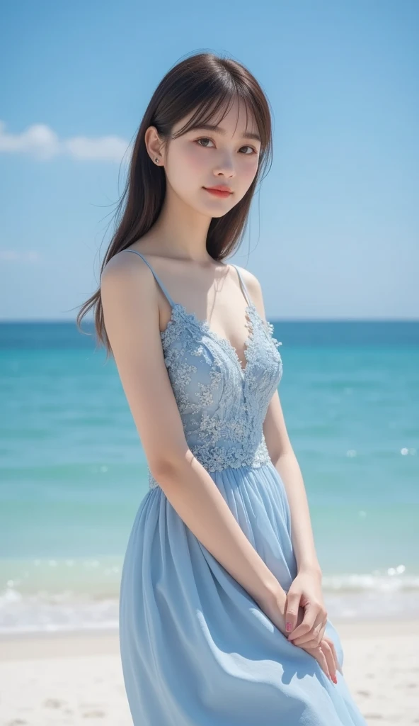 (Top quality, 8K, Masterpiece: 1.3), pull angles, full body, lens used f/2.8, 50mm, camera Sony, beautiful woman, one girl, slender abs: 1.1, long brown hair, (full body, to feet: 1.2), super detailed face, very detailed lips, detailed eyes, double eyelids, Necklace, watch chosen as accessory, cute summer dress, beautiful beach background, very detailed face and skin, detailed eyes, double eyelids, expression best smile."

