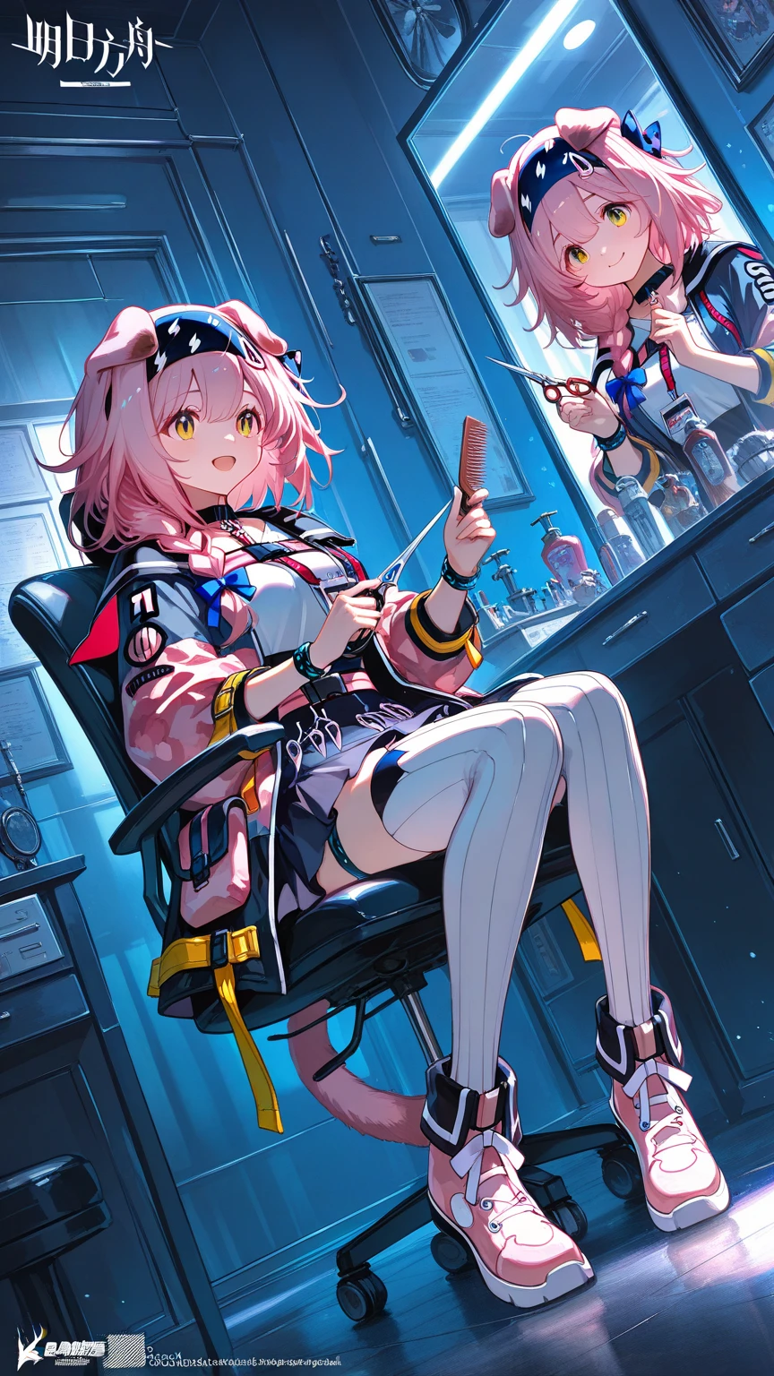 masterpiece, highres, 1girl, goddess of victory: nikke, pepper_(nikke), ペッパー(勝利の女神_NIKKE), <lora:Pepper-LoRA:1>, beautiful face, detailed face, pink hair, bangs, headphones, gloves, blue neckerchief, sweater, thighs, blush, smile, large breasts, full body, bare shoulders, eyebrows visible through hair, headgear, long hair, looking at viewer, sweater dress, open mouth, sailor collar, side ponytail, sidelocks, sleeveless, turtleneck sweater