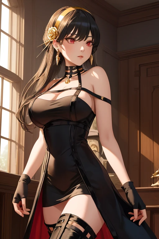 A girl , Red eyes, busty, firm thighs, beautiful body, by the wide, black combat suit, black mask,2 katanas sheathed on his back and an assault rifle in his hands., He carries a short pistol with magazines and two knives.. 