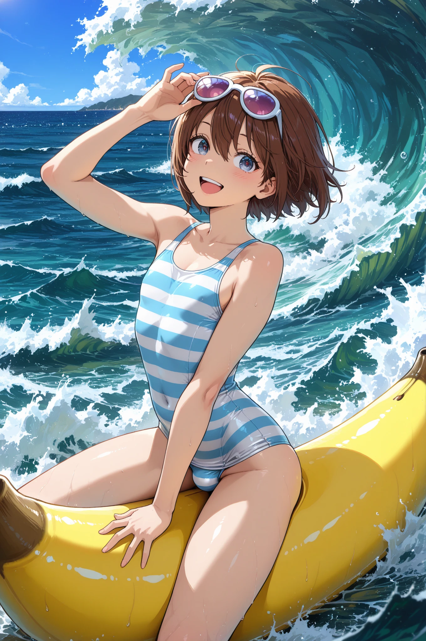 Highest quality, Very detailed, masterpiece, anime,Highest quality,Japanese High School Girl,One Girl,One Girl,Swimwear,bikini,Beach,Dynamic pose,open mouth,smile,Transparent haori,nsfw,Underwater shot, leaning forward,show of nipple