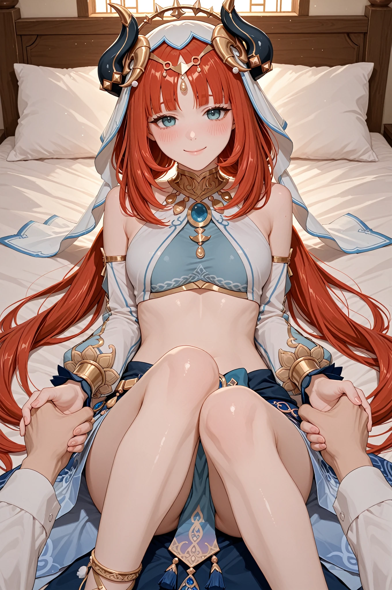 (((masterpiece, best quality))), girl, (15 years old), (skinny), (orange hair), (long hair), (wavy hair), (blue eyes), ((large breasts)), blue and white dress, red earrings, (((nsfw))), ((1boy)), (((vaginal, sex))), ((rape)), (imminent vaginal), hetero, nipples, blush, on back, lying, missionary, ((despair)), ((gangbang,5boys)), ((group sex))