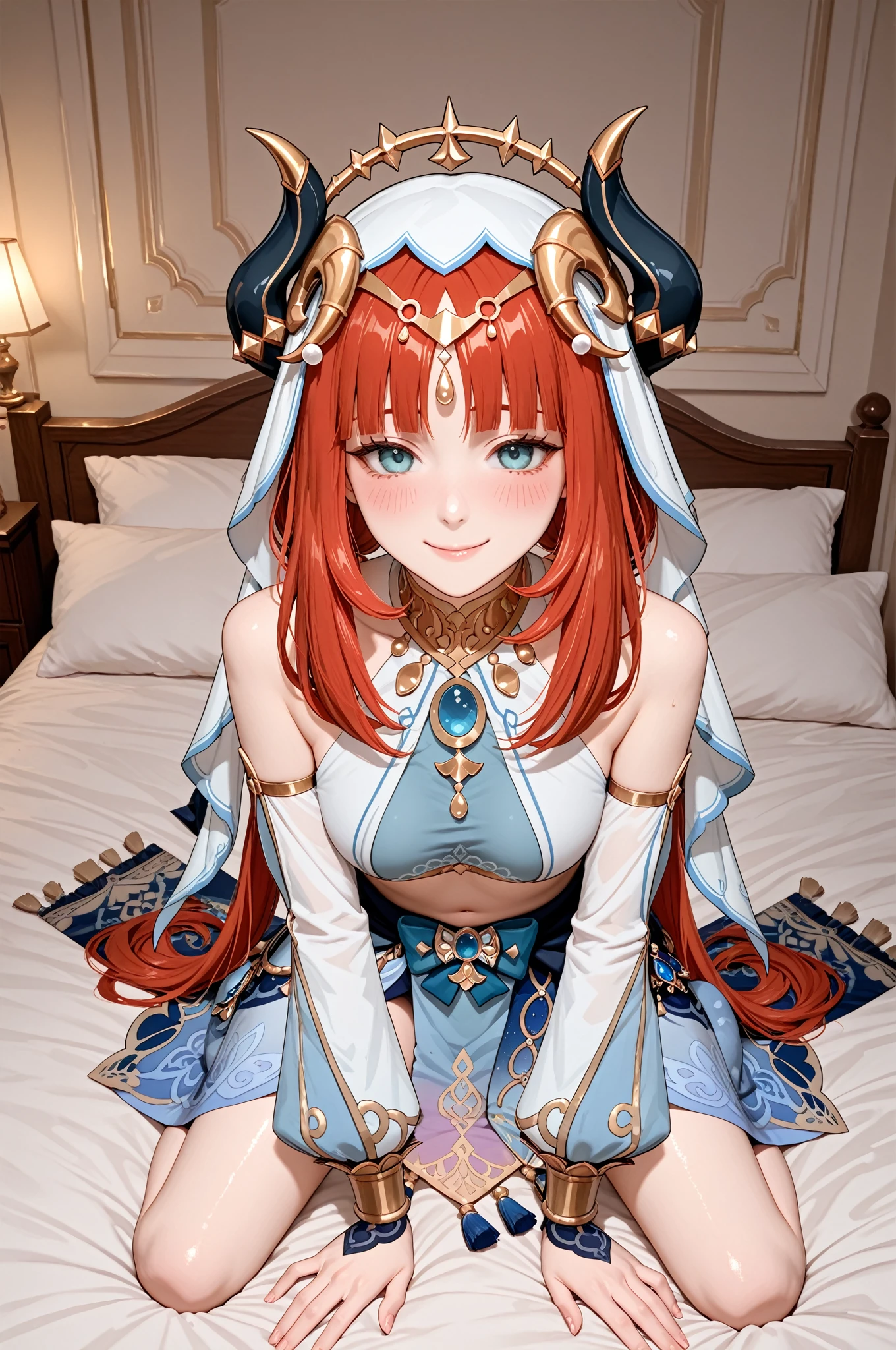 Lina Inverse, slayer, nude at the bed, on all fours showing her ass, pubic hair, perfect eyes, beautiful face, blue cape with gold detail