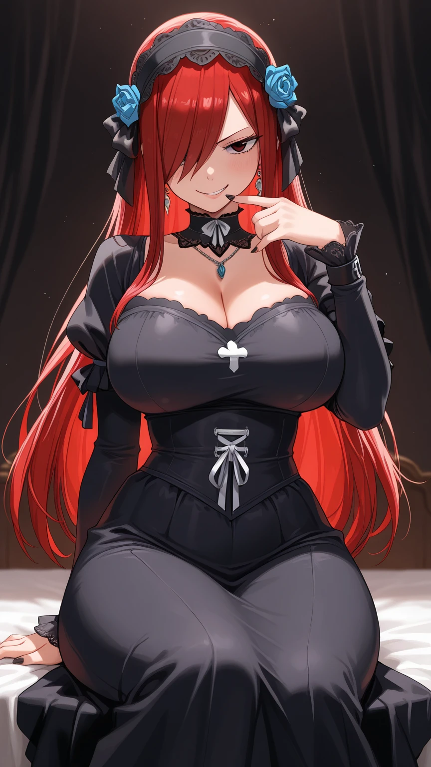 masterpiece,best quality,highres,cinematic lighting,dramatic angle,<lora:ShadowverseTidalGunnerV1:1:OUTSTYLE> ,1girl,hair ornament,hanging breasts,red hair,red eyes,twintails,goggles,skull decorations,hair ribbon,white shirt,black skirt,fishnet,garter straps,belt,package,pov,looking at viewer,:d,fangs,taunting,happy,clothing cutout,(huge and gigantic and enormous and big and large and juicy breasts:1.2),(fat ass:1.1),(thick thighs:1.2),bare shoulders,choker,spikes,close-up,necktie,evil smile,shaded face,(seductive pose:1.3),bedroom,embarrassed,shy,blush,breast hold,hand on own chest,covering breasts,lying,on back,on bed,wet,see-through,sweat,presenting,spread legs,wet pussy