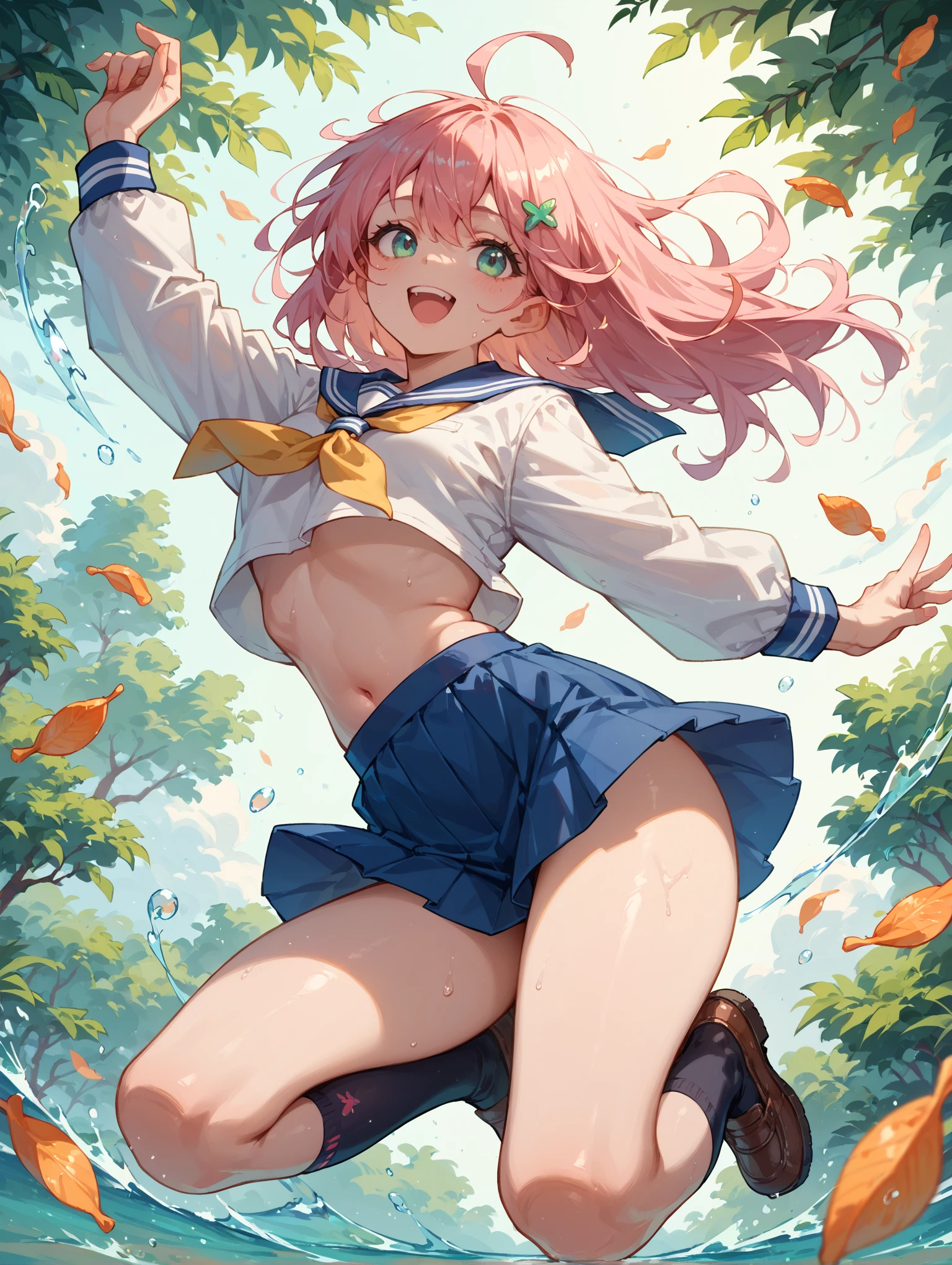 Red ponytail, blue ribbon, pink hat with yellow flowers, earrings, light blue sleeves or jacket, pink sports bra, white loincloth, pink fluffy pants, white shoes with curved toes, small breasts, loli, outdoors