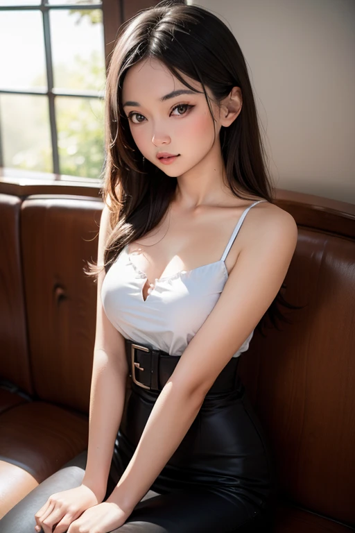 Masterpiece,Best quality,offcial art,Extremely detailed CG unified 8K wallpaper, (hdr:1.4), (Cinematic), (pastel colour, dim colors, soothing tones:1.3), (Natural skin texture, hyper photorealism, Soft light, Sharp),(Extremely detailed), Professional lighting, Radio City,((1girll,20yr old)), inside bedroom, Cold light,Best quality, Lots of details, Masterpiece, Ultra-detailed, illustration, Extremely delicate and beautiful girl, Beautiful detailed eyes,8K_the wallpaper,Beautiful detailed girl, looking at viewert, Messy hair, Large breasts, ((focus on chest)), ((Sheer white vest, Side breast,areola of breast,High-waisted miniskirt)),Recline on the sofa,Both legs raised,ssmile,