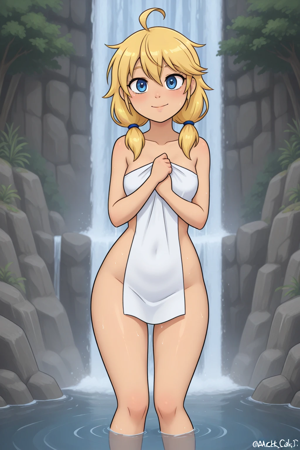 Beautiful 1girl, full body, solo, (very long waist length blonde hair, straight blonde hair: 1.28), ((light blue eyes)), clear skin, (large darker fox ears: 1.35), pale skin, medium breasts, cleavage, (thin hips, thin waist , athletic body: 1.25), background, looking away, shy smile, revealing clothes, (wearing no shirt, no top, naked, no panties, no bottoms: 1.5), (arms behind head: 1.37), (tropical waterfalls, kneeling water: 1.15), 4k textures, soft light, elegant, highly detailed, sharp focus, soothing tones,