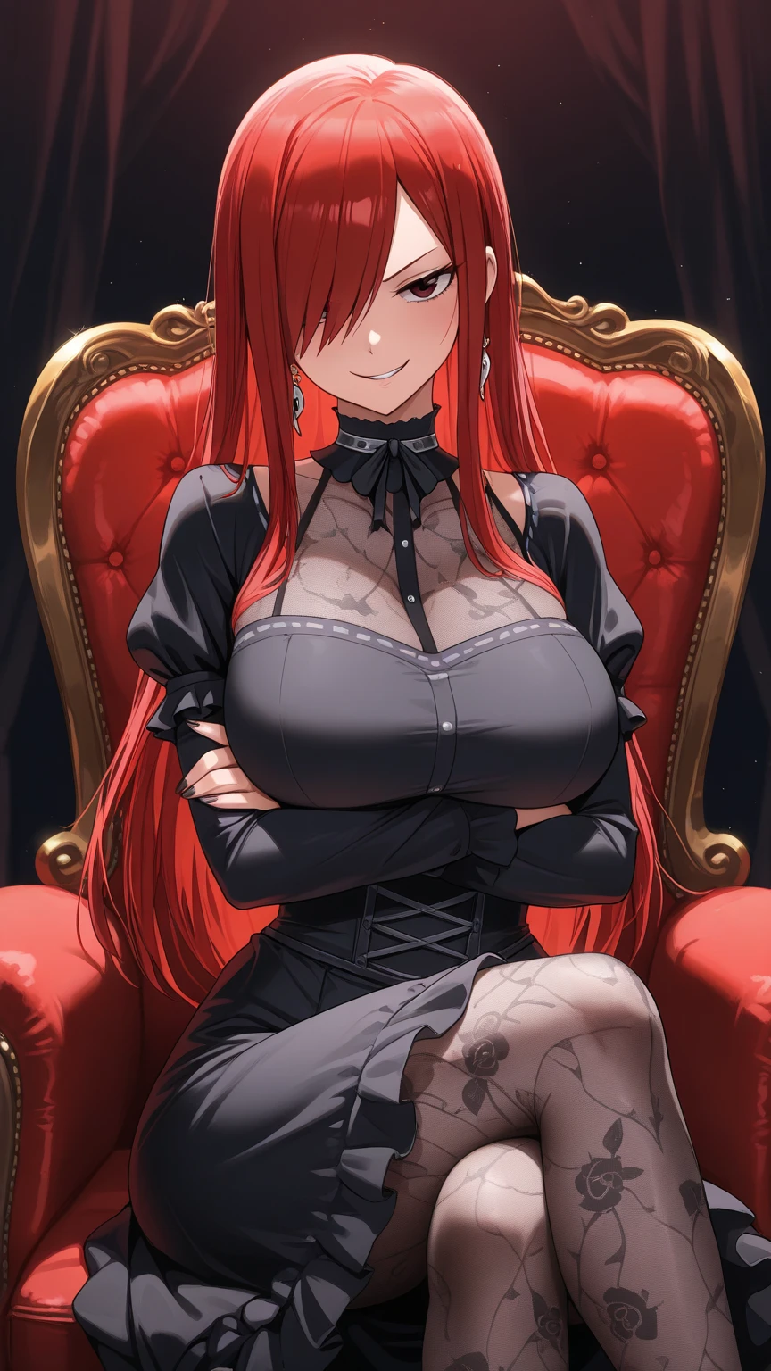 Anime, a glamour shot of a smiling Rias Gremory (Red hair), enormous breasts, big ass, Sitting demurely with her legs crossed on her bed, leaning toward the viewer, with Smokey eyes and knowing smile wearing a strapless sheer lace corset, white lace stockings, insanely detailed face and eyes, intricate, hyper-detailed bedroom, digital illustration, masterpiece, beautiful eyes, atmospheric lighting, centered, perfect anatomy, glowing eyes, candid portrait, clear, very detailed, smooth, sharp focus, focused on the viewer