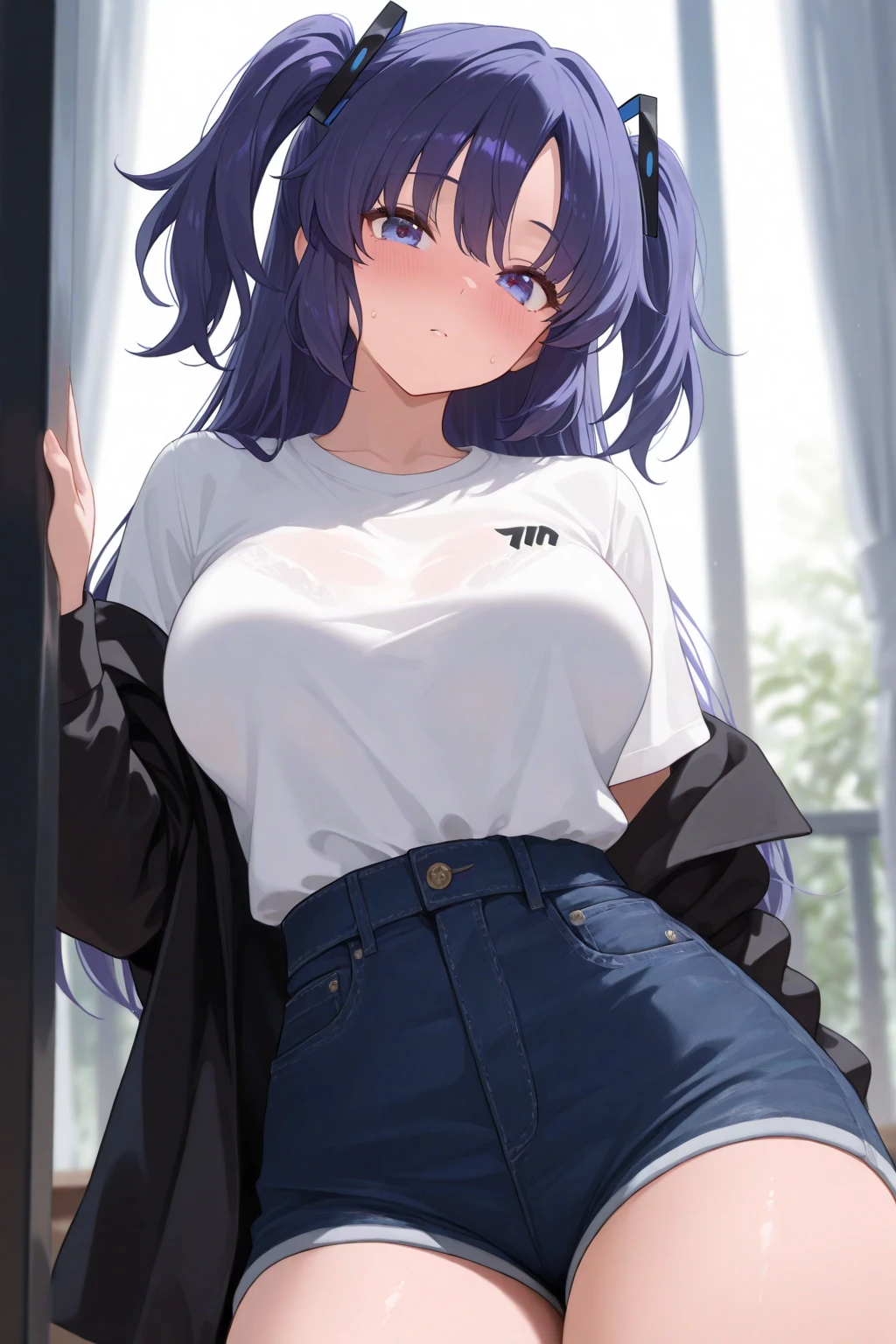 1 girl, big breasts, SERIOUS LOOK, blush on the cheeks, (He is wearing a black shirt with a print of white letters that say: dense), and a thong, pose sensual, low light background