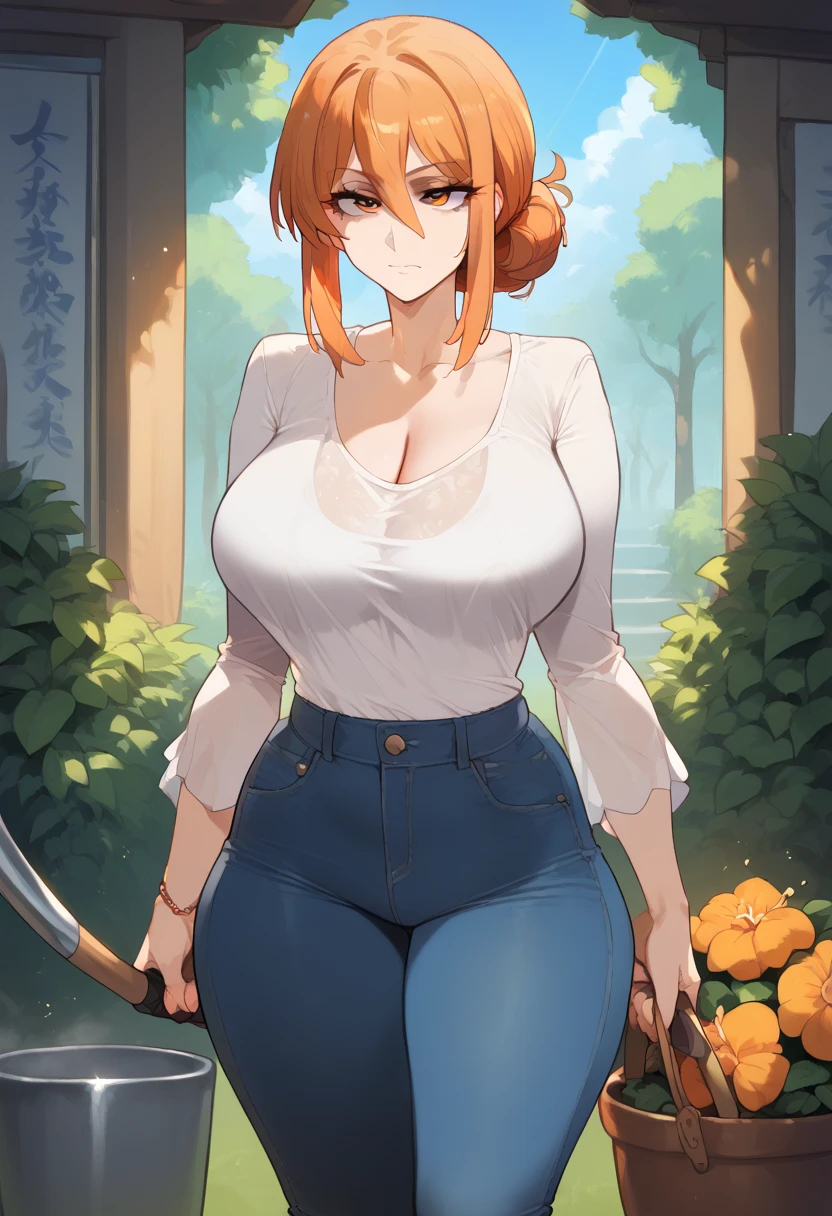 (1960s \(style\)), Orange medium hair,yellow hazel eyes,freckles,white loose shirt,brown corset, cream skirt,thighs, brown boots,necklace between breasts,inner side boob, medium breasts, dynamic pose, autumn background