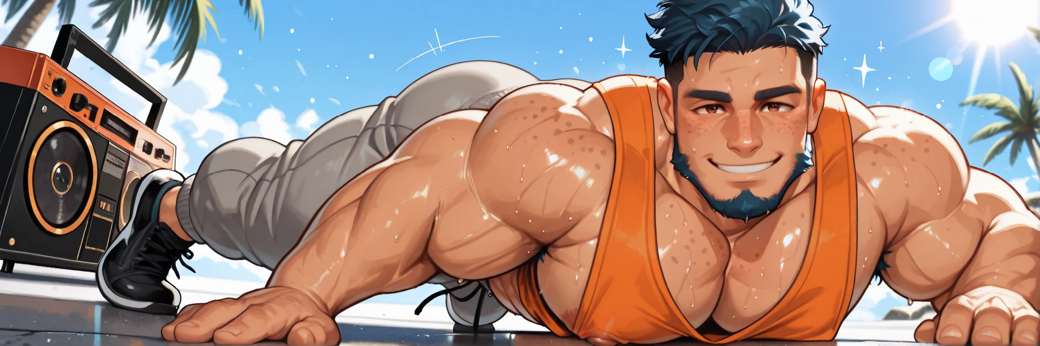 male,bara,gay,HaruArt,holoed3n, bara, beard, mature, adult, chubby, meaty, muscular, masculine, freckles, 1boy, male focus, muscular, huge pecs, puffy nipples, brown eyes, blue hair, short hair, goatee, black undercut, orange shirt, sleeveless, nipple slip, armpit hair peek, obliques, grey sweatpants, black sneakers, mid-motion, looking at viewer, smile, breakdance, sweat, shiny skin, steaming body, sparkle,
BREAK
park, palm trees, concrete floor, bright sky, clear sky, blue sky, heavy lens flare, summer, sun, boombox,
BREAK
dynamic pose, dynamic angle, film grain, wide shot, depth of field, action shot, motion blur, ambient occlusion, bloom, light particles, vibrant colors, energetic, vintage, cinematic, backlighting, foreshortening, very awa, masterpiece, best quality, absurdres, newest, perfect quality, detailed background, intricate details,
(epic narrative portrait:1.2)