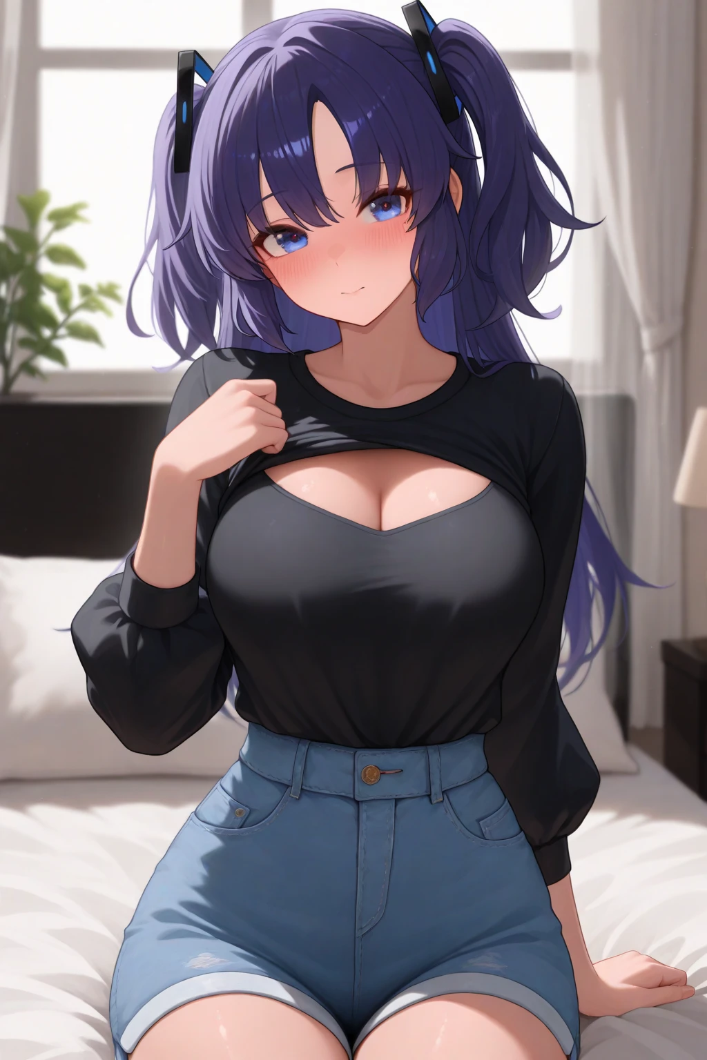 (masterpiece, best quality:1.4), 8k, dark purple messy Tied up in a eye covering Bangs Hair Young adult big chest Annoyed angry face with Purple Eyes in the Livingroom wearIng a Crop top and Sweater (detailed eyes and face, sharp pupils, realistic pupils:0.6)
