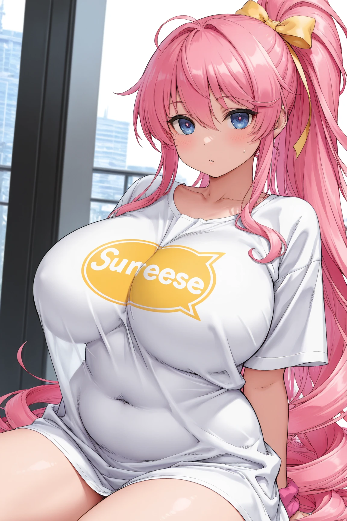 masterpiece, best quality, 1girl, (pink hair, long hair, detailed hair, cat ears, pink eyes:1.3), cute, bedroom, (black hair ribbons, t-shirt, shorts:1.2), (colossal breasts:1.1)