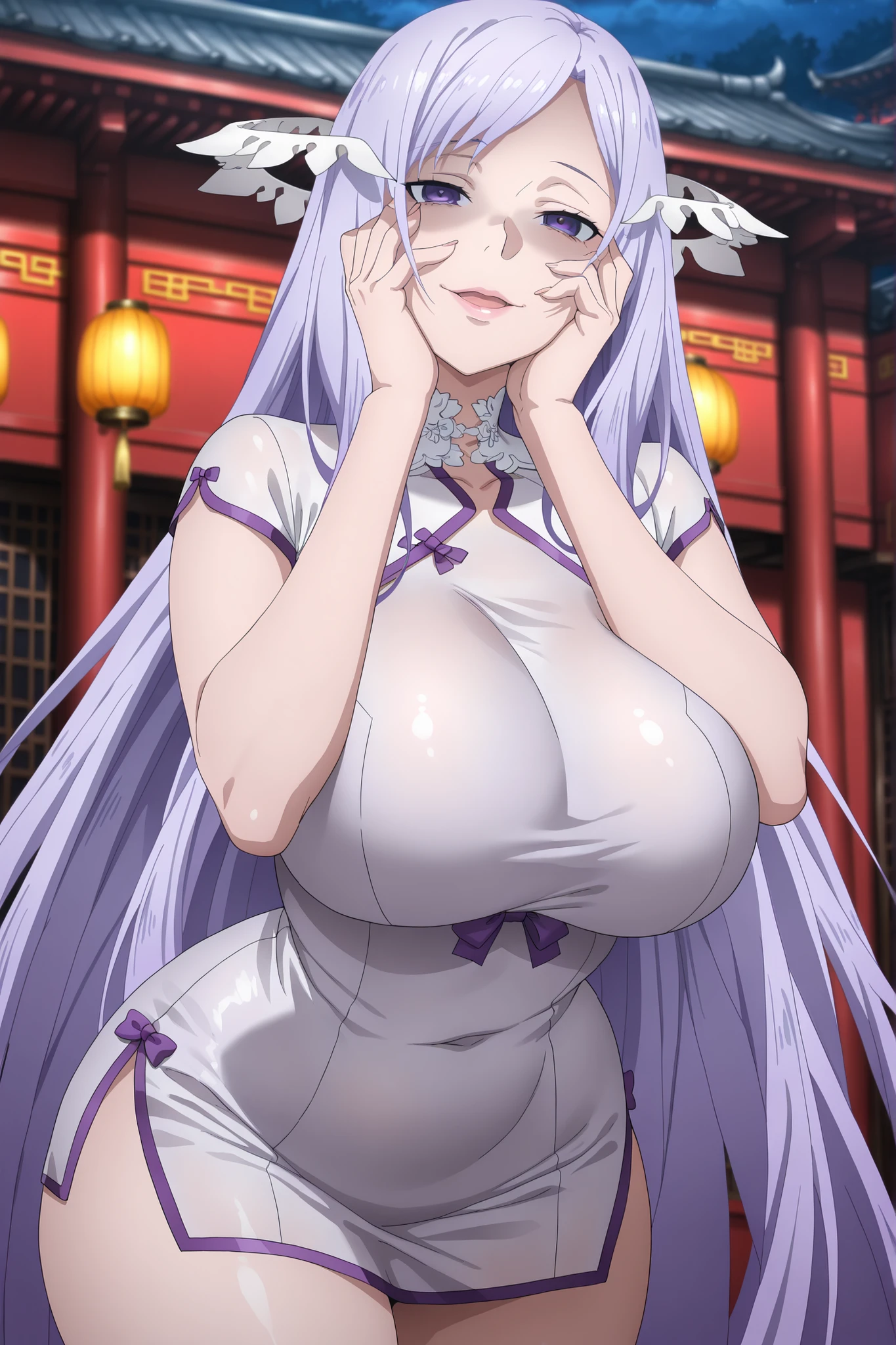 anime screencap, masterpiece, best quality, quinella, 1girl, Mature Female, long hair, light purple hair, purple eyes, yandere trance, big breasts, big butt, ((short dress , china dress , turtleneck , curvy,)), crazy smile , crazy, Lips, Yandere, hands on own cheeks,  Lips, view detailed body, (((Sexy,))), creepy east asian architecture, night,