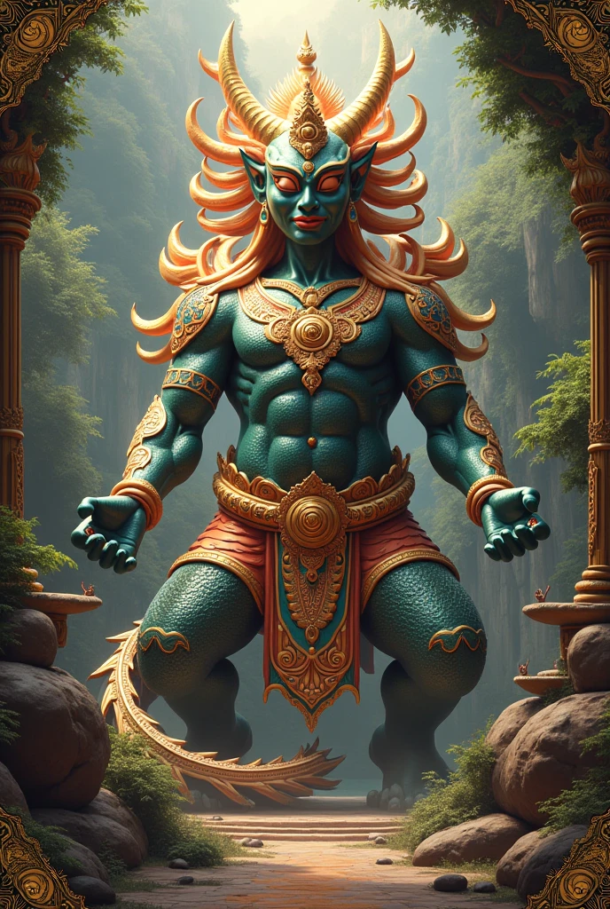 an immense statue cut into a mountain, his body and the most slender and delicate of all the Elders, he possesses a kind of bronze-colored armor on some parts of the body, such as on the legs, arms, chest and head. The body of this entity resembles that of a satyr with goat legs that end in laced hooves. At shoulder height, Shiva has a flat stone platform surrounded by walls that extend across the upper body like a hump. The platform causes the head to be below this platform curved to the chest and from it 3 paras of arms protrude from each side of the body, two of them thicker than the others. --auto --s2