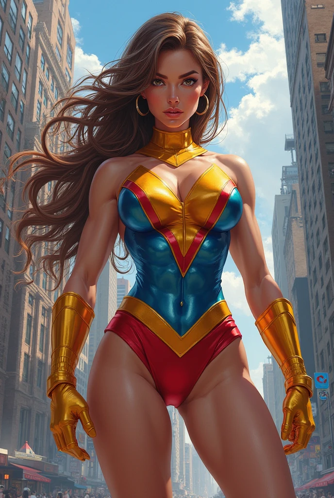 (masterpiece, top quality, best quality, official art, beautiful and aesthetic:1.2), (1girl:1.3), brown hair, braid, extremely detailed, portrait, looking at viewer, solo, (full body:0.6), detailed background, close up, mischievous eyes, (warm city superhero theme:1.1), pleasant smile, brunette, aquiline nose, green eyes, braid, ((gigantic breasts)), (thin), athletic, superhero. Wearing a white and gold superhero leotard, cape, gloves, thigh-high boots, slim waist, slim hips, long legs, modern (city street exterior:1.1) detailed background, bright optimistic lighting, shadows, magical atmosphere, dutch angle