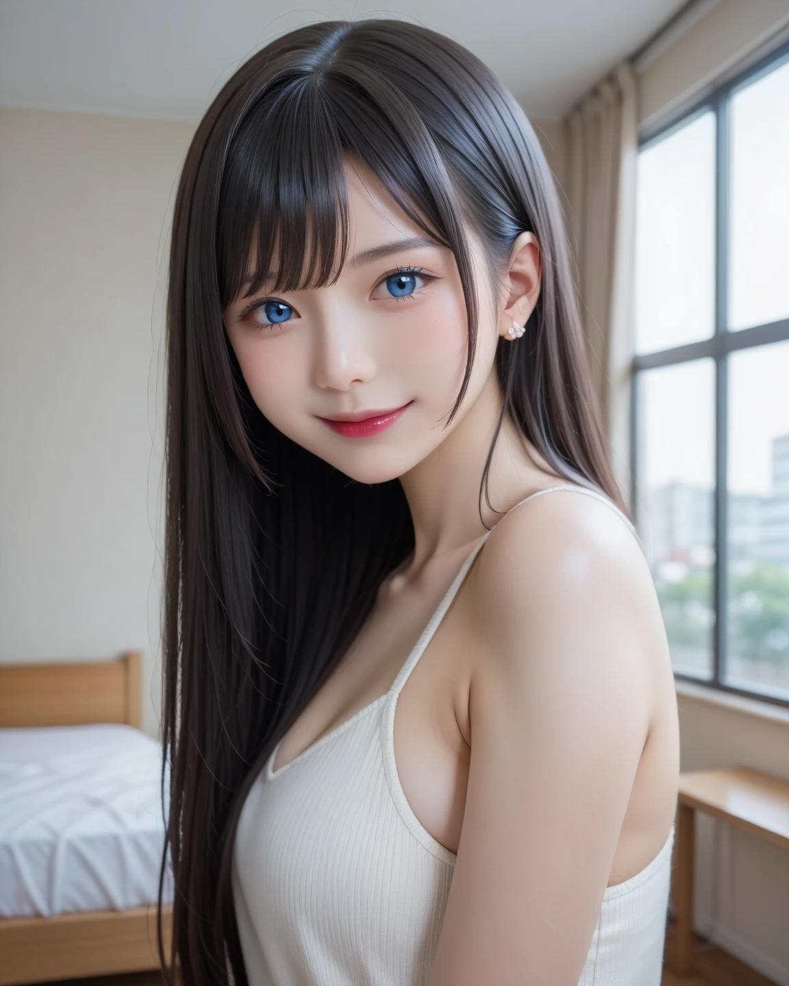 (8K、Raw photography、top-quality、​masterpiece:1.2)、(realisitic、Photorealsitic:1.37)、ultra-detailliert、超A high resolution、女の子1人、(beautifull detailed face、Golden Ratio Face、Balanced eyes、二重まぶた、lipgloss)、Beautiful detailed skin、Skin Texture、Professional Lighting、(Very beautiful girl)、Happy smile、View photographer、Glowing white shiny skin、(Attractive Bright Natural Platinum Brown Silky Hair 1.5)、eye liner、(((Blue Eye)))、Officelady