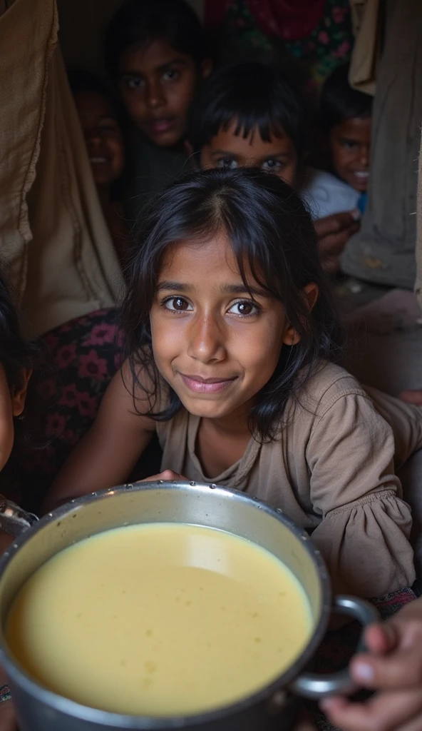 1 adult woman, approx 30 years old, feeding poor children, detailed face, beautiful eyes, warm expression, kind smile, detailed folds on clothes, tattered clothing on children, natural lighting, soft focus, cinematic composition, muted colors, emotional realism, masterpiece, (best quality, 4k, 8k, highres, masterpiece:1.2), ultra-detailed, (realistic, photorealistic, photo-realistic:1.37), HDR, UHD, studio lighting, ultra-fine painting, sharp focus, physically-based rendering, extreme detail description, professional, vivid colors, bokeh