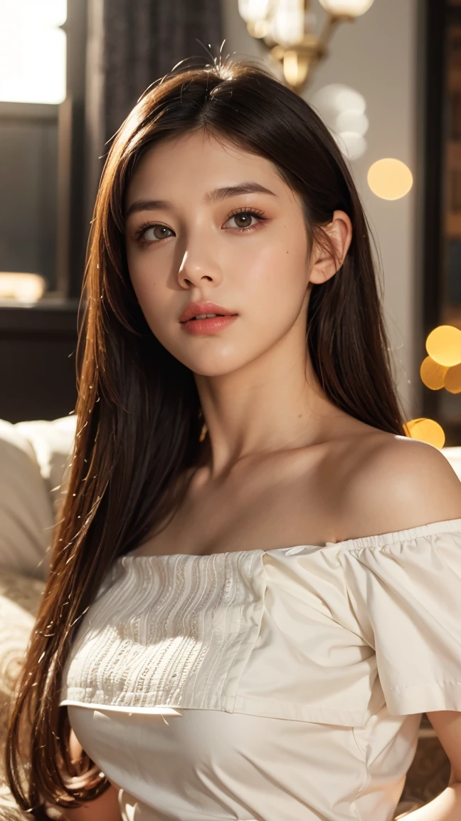 (Canon RF85mm f/1.2), (8k, RAW photos, best quality, masterpiece), (realistic, photograph realistic), high quality work, realistic works, Super premium graphics, 8K high-definition CG works, High quality graphics, High-definition and exquisite CG works, 10x pixels, (Ultra-fine details:1.1), (Advanced technical details:1.1), Realistic photo effects, (indoor light light effect:1.5), (natural soft light:1.5), (Light effect：1.8), ultra high resolution, Beautiful detailed girl, Very detailed eyes and face, masterpiece, fair skin, hazy beauty, very detailed , (Beautiful detailed eyes), detailed skin structure, perfect , ((perfect figure)), Beautiful detailed whole body, delicate face, exquisite body, fine collar bone, lovely lips, Behind the softness, adorable, ((slim waist:1.3)), (, Bulging , crisp ), (()), ( look, soulful eyes, glowing eyes, beautiful and clear eyes), (bouffant messy long hair), (shiny lips), ((Enchanted expression)),  appearance, ((An extremely detailed soft see thin  lace dress:1.2)), ((necklace, earrings), ((view over bedroom:1.3)), ((midnight:1.2)), physically-based rendering, (( pose))