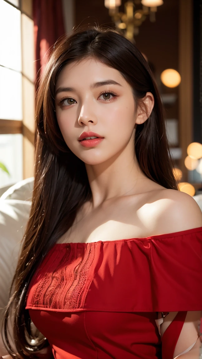 (((best quality))),(((ultra detailed))),(((masterpiece))),illustration,A woman wearing a red suit,photography, delicate facial features, fair skin, magazine composition, shadows, layering, three dimensionality, best quality,flag of China background blur, 8K, background, Tyndale lighting effect, mid-range lens, magazine,delicate image