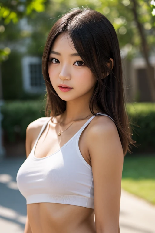 (1 Girl )、(Beautiful Japanese、18years old,round face、Refreshing、clear、seems kind、stylish、Pitiful、cute like an angel、cute、black eyes、,actress,Almond-shaped eyes,Translucent white skin、Beautiful skin), Good style , (((Beautiful big breasts:0.8))),(((soft breasts))),(very cute),(Black hair),(enchanting eyes),(highlight on eyes:1.2)、(8K、Live shooting、highest quality、masterpiece:1.2、optimal lighting)、((masterpiece)),(Photo taken by a professional photographer),(real、photo real:1.4),break,{ camisole},(cheeks are red:1.3), break, break,Face shot:1.3、 face close-up,Looking away、(Cleavage:0.7)、From above,(high school),Smile face、Japanese school、School gym:1.4,,Japan rice fields,evening、Student bag、Japanese countryside,dynamic angle、summer