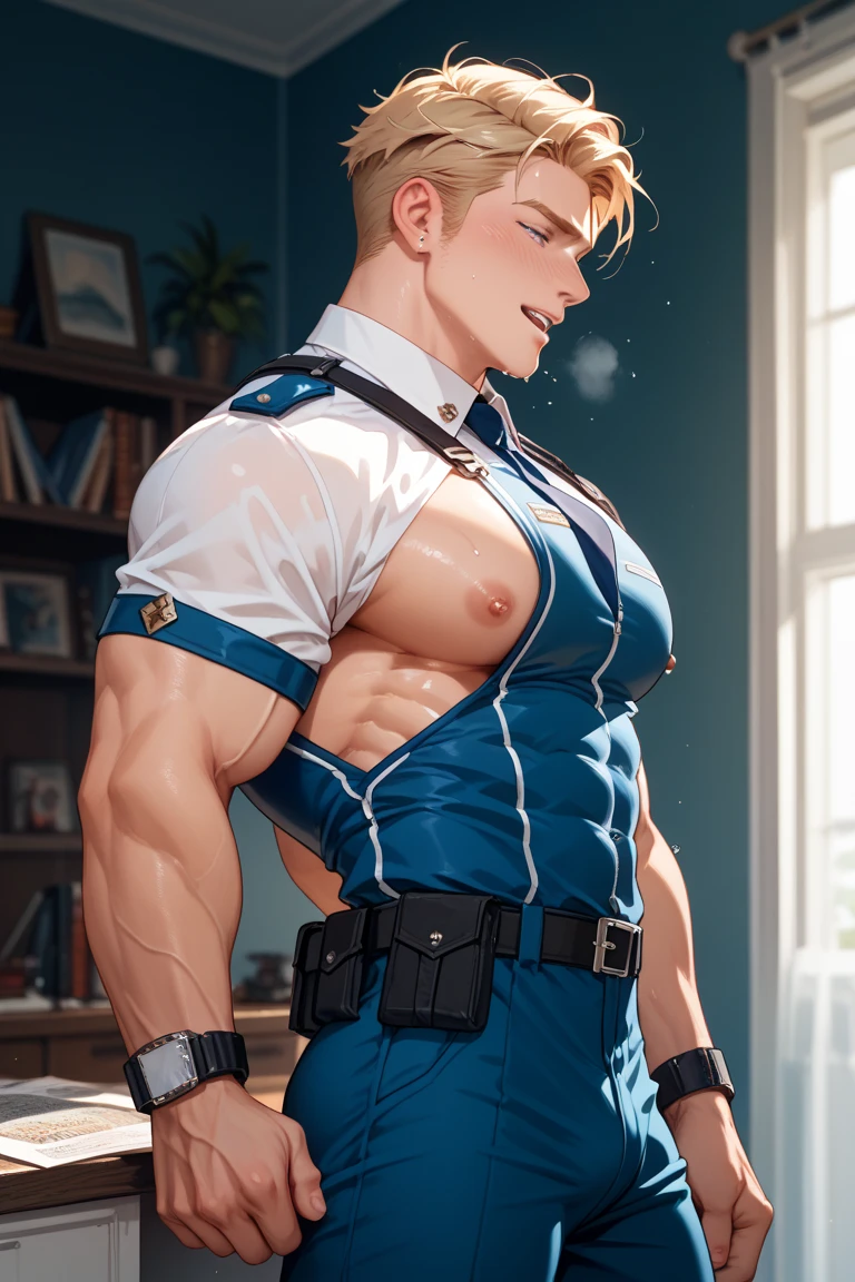 boy, 19 years old, very handsome, beautiful face, blue eyes, ruffled blonde hair, shaved on the sides, visible muscles, thin beard and sparse sideburns, suspicious, HE IS NAKED FROM THE WAIST DOWN, WITH A BIG WHITE PENIS