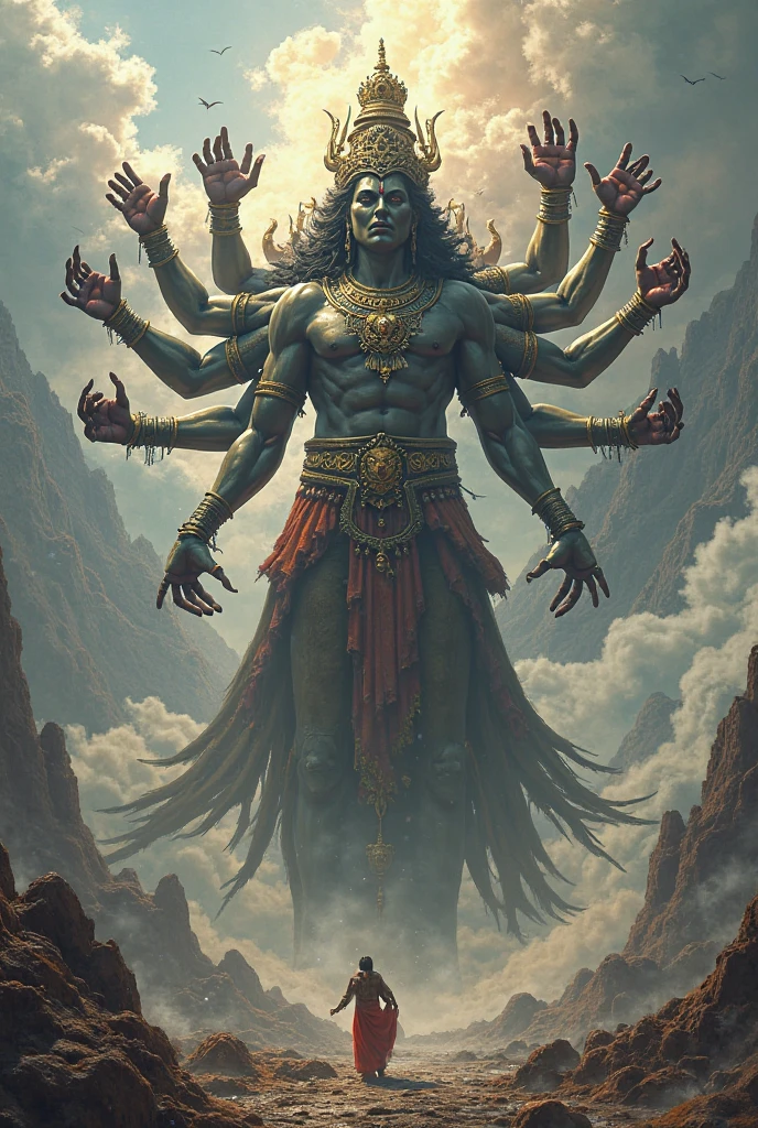 (photorealism:1.2), a demon with one thousand arms and muscular body, his hands are praying, praying to lord shiva, he is wearing gold, and is an Indian king, by Greg Rutkowski, by Alphonse Mucha