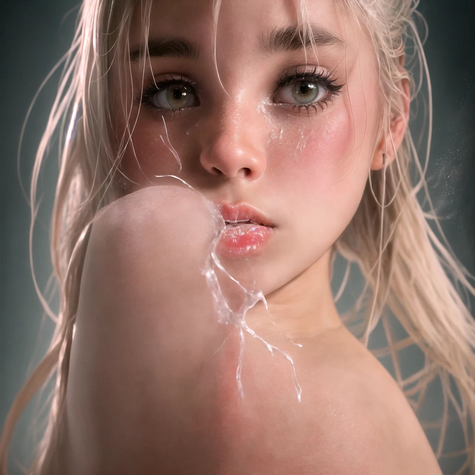 (best qualityer, 8K, high resolution, photorrealistic:2.0), (standing alone, A girl:2.0),(lighting: 正面),(lighting: stark),(Russian Beauty:2.0),(shining skin:1.5),(greasy skin:1.5),(platinum blonde hair:1.5),Brown blush makeup , makeup for dark eyes , wear bright pink lipstick,(girl with big eyes),(Emphasize the neckline),(Shoulder Strapless Bra),((breasts big)),(gaping mouth:1.6),(Drooling and sucking gesture:1.5),