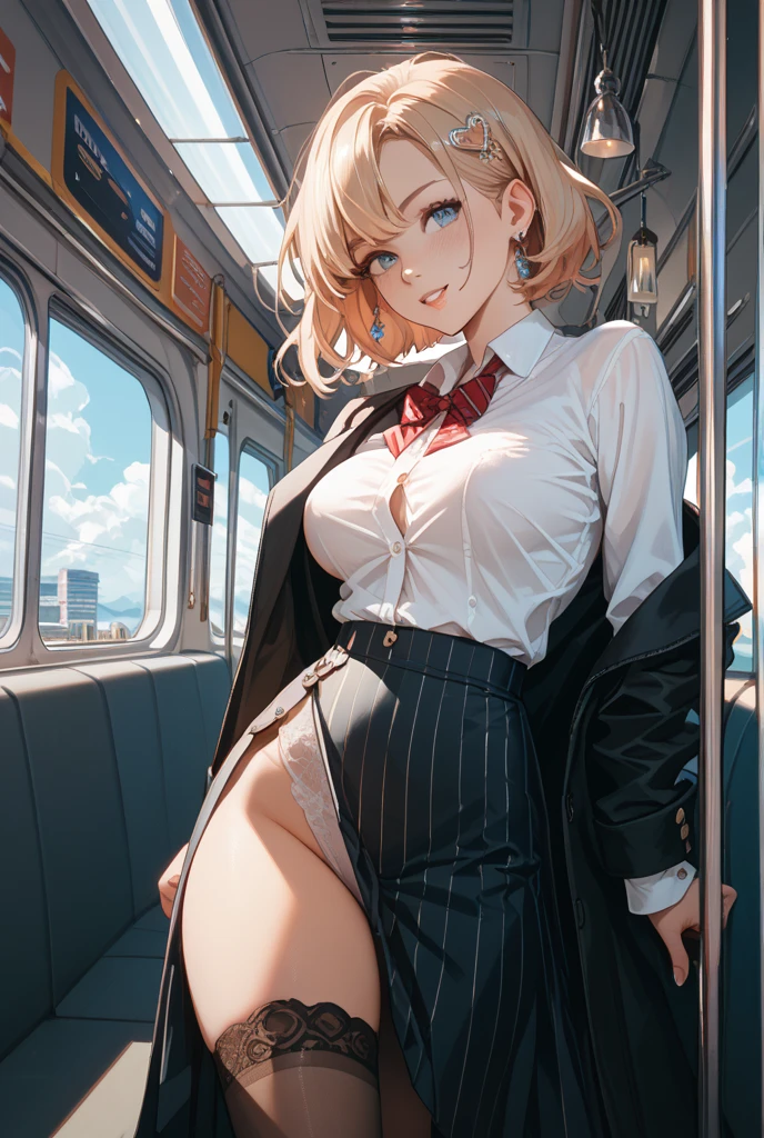 on the train,uniform,high school student,高校のuniform,Sit in your seat,Leg spread,Spreading legs,Flipping up a skirt,Showing panties,Lifting up her skirt,White panties,Looking forward,Normal milk,Normal boobs,Blonde,Short Hair,Blue Eyes,Very embarrassed,Hold your mouth with your hand,Embarrassed face,Shy with open mouth,blush,Very embarrassed,Look Away,naked,Front viewStanding,Not looking at me,Looking away,Turn away,Angle from below,Watch her from below,The jacket is unbuttoned.,Bra is visible,White bra,My chest is visible,Your clothes are in disarray,Thin thighs