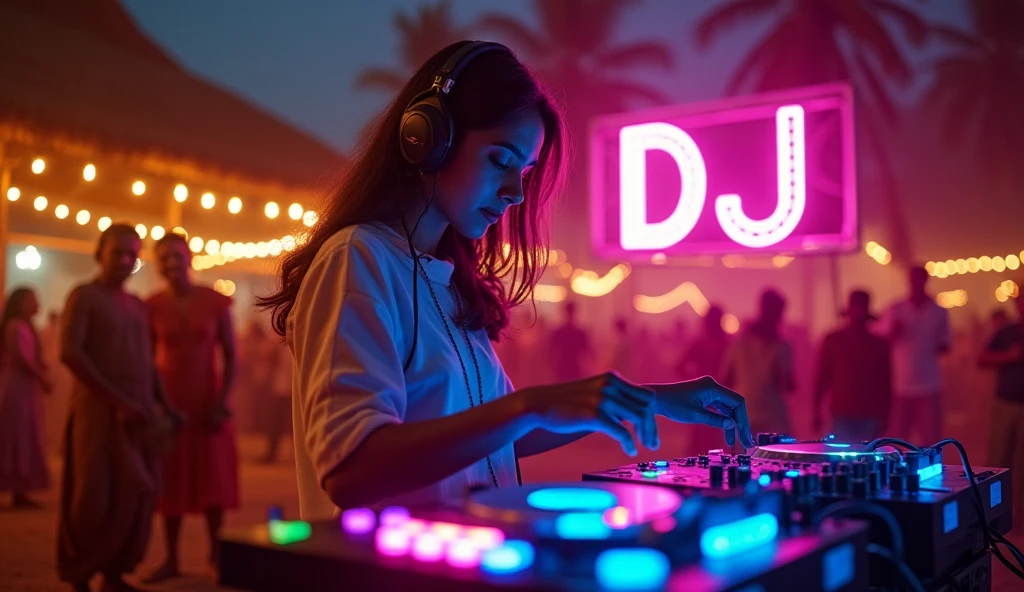 Young tantric priestess with percings tattoos and an ironman mask on her body mixing on a dj turntable in an ultra-realistic photo temple --auto