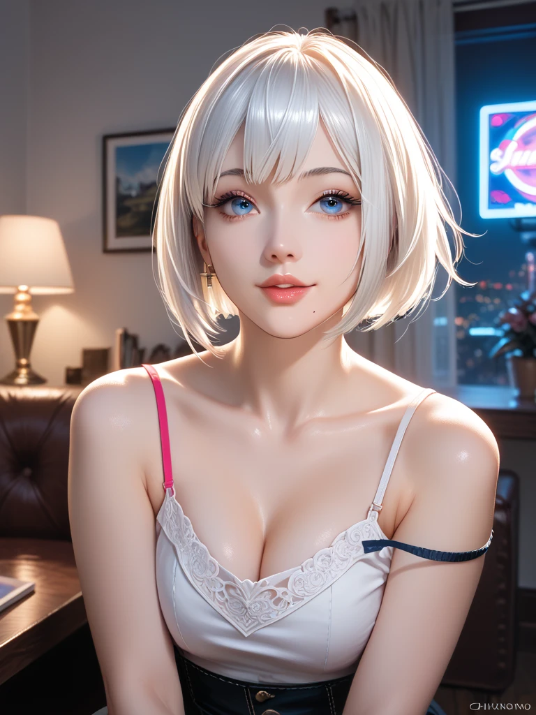 masterpiece, best quality, 1girl, White hair, red eyes,  bunny head band, short hair,blush,1 girl ,solo,beauty,girl,photorealistic,(naked),standing,(no panty),slender, sit on table