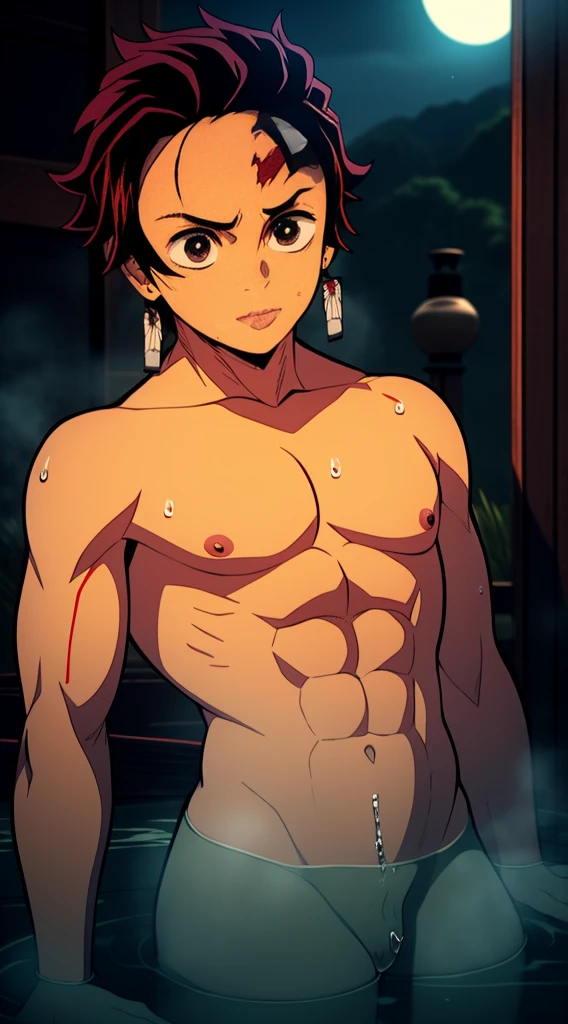 1 boy,kamado_tanjirou, day,  masterpiece, Kamado Tanjiro from Demon Slayer, garden, (showing armpit:1.3), (shirtless, topless, bare chest), (without clothes), (slim body, medium body), upper body, body only, sweat