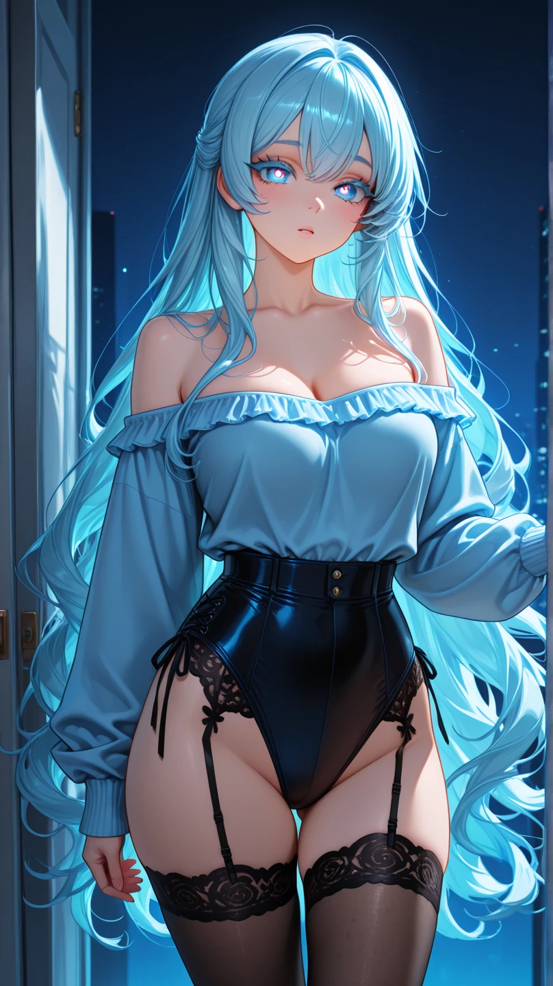 absurd, 8K, High Resolution, Ultra Detailed, Beautiful, Masterpiece, Best Quality, Very Pretty Woman, Young, Very Pretty Woman, Sexy, Straight Hair, Sexy, Detailed Female Face, Very Attractive, (blue lingerie:1.4), full body, btpt-fc, Gwen, long hair, twintails, drill hair, bow, blue hair, hair bow, blue eyes,detailed eyes, detailed hands, detailed face, colors, flowers