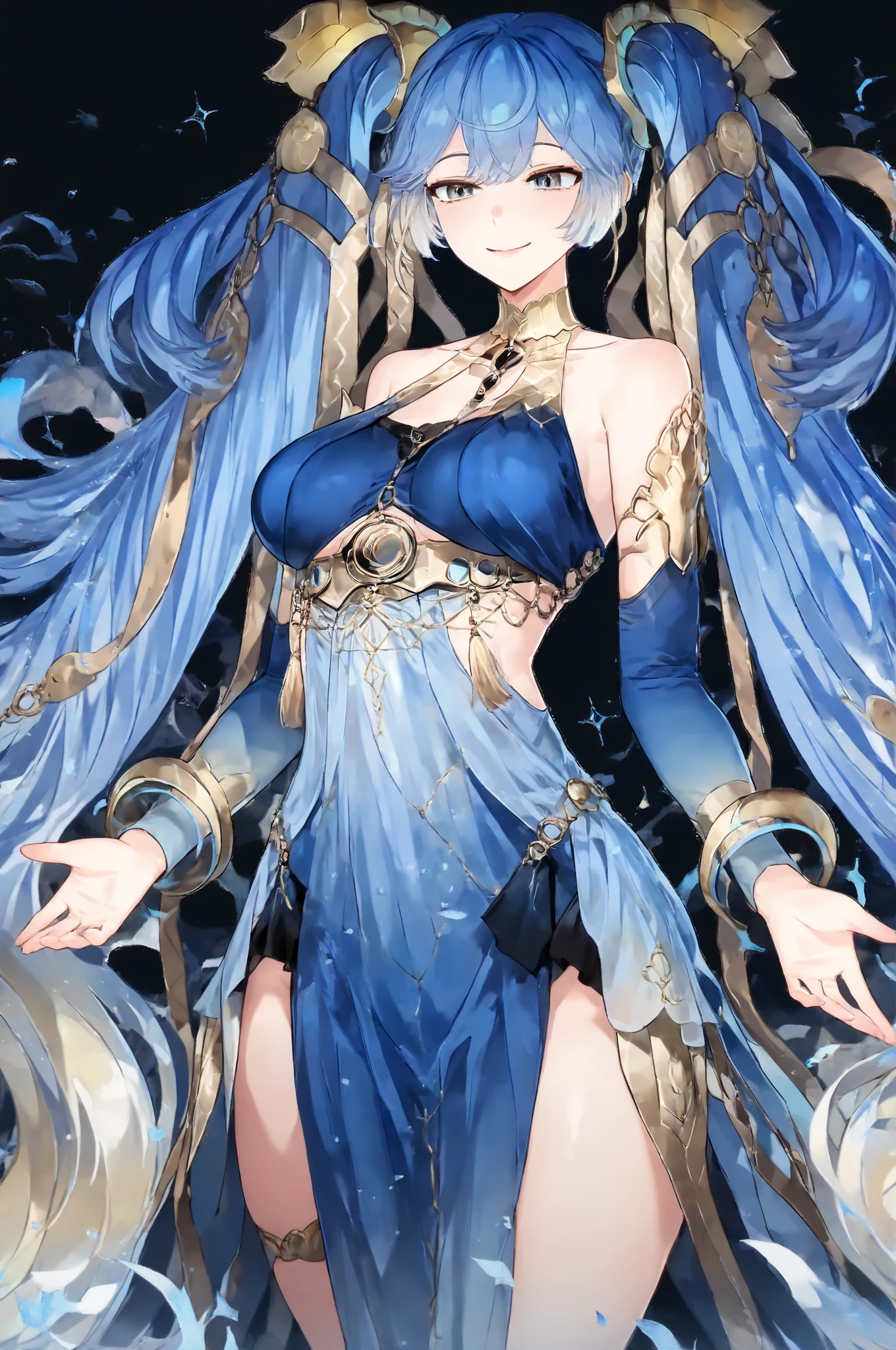 Hooded Cloak: The costume features a hood, adding an air of mystery and elegance. The hood is intricately decorated with gold filigree. Intricate Embroidery: The robe is adorned with silver, gold and turquoise embroidery that highlights the waist, shoulders, and chest areas. These designs give the costume a regal and magical appearance. Flowing Sleeves: The sleeves are wide and bell-shaped, contributing to the ethereal look. They are embellished with the same silver, gold and turquoise patterns as the rest of the outfit. Jewels and Gems: The costume is accented with glowing blue gems that are strategically placed on the chest, waist, and along the sleeves, giving the appearance of magical enhancements. Light and Shimmer: The fabric of the robe appears to be lightweight and shimmery, suggesting a magical or otherworldly material. Accessorized with a Scepter: The character holds a scepter-like object that matches the design of the outfit, further emphasizing the magical theme, full body, white hair, red eyes, medium sized breast.