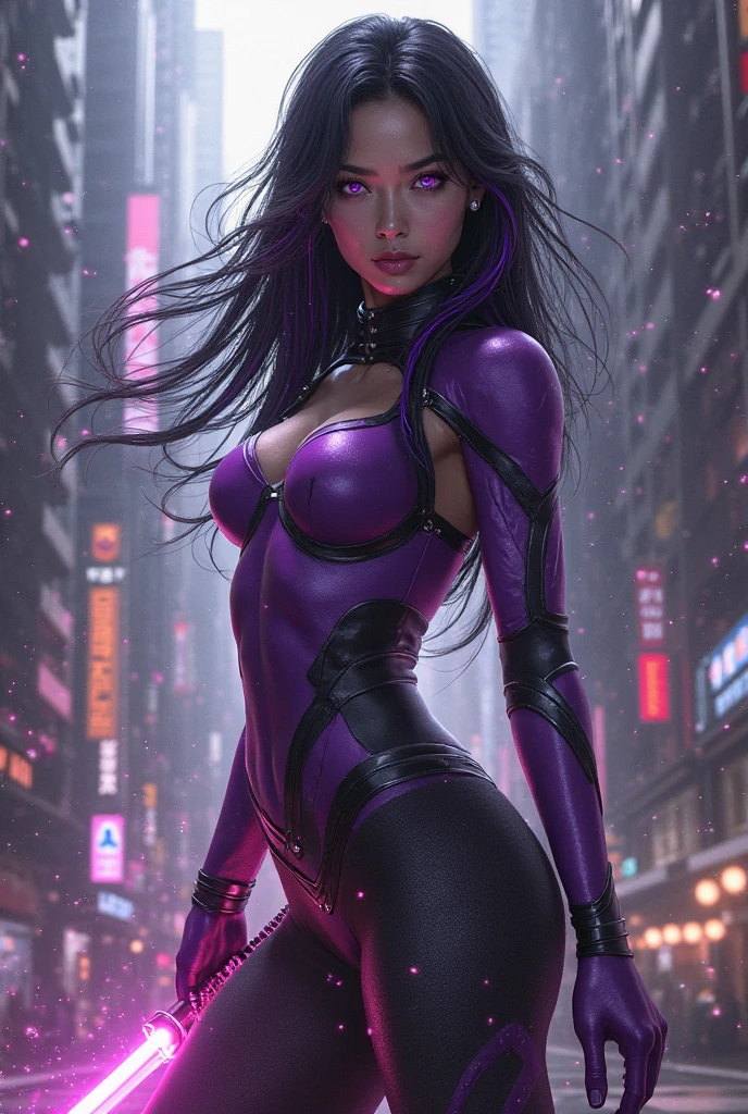 widowmaker, looking at viewer, death glare, waist up, visor, bodysuit, ponytail, skyscraper, solo, sunlight, best quality