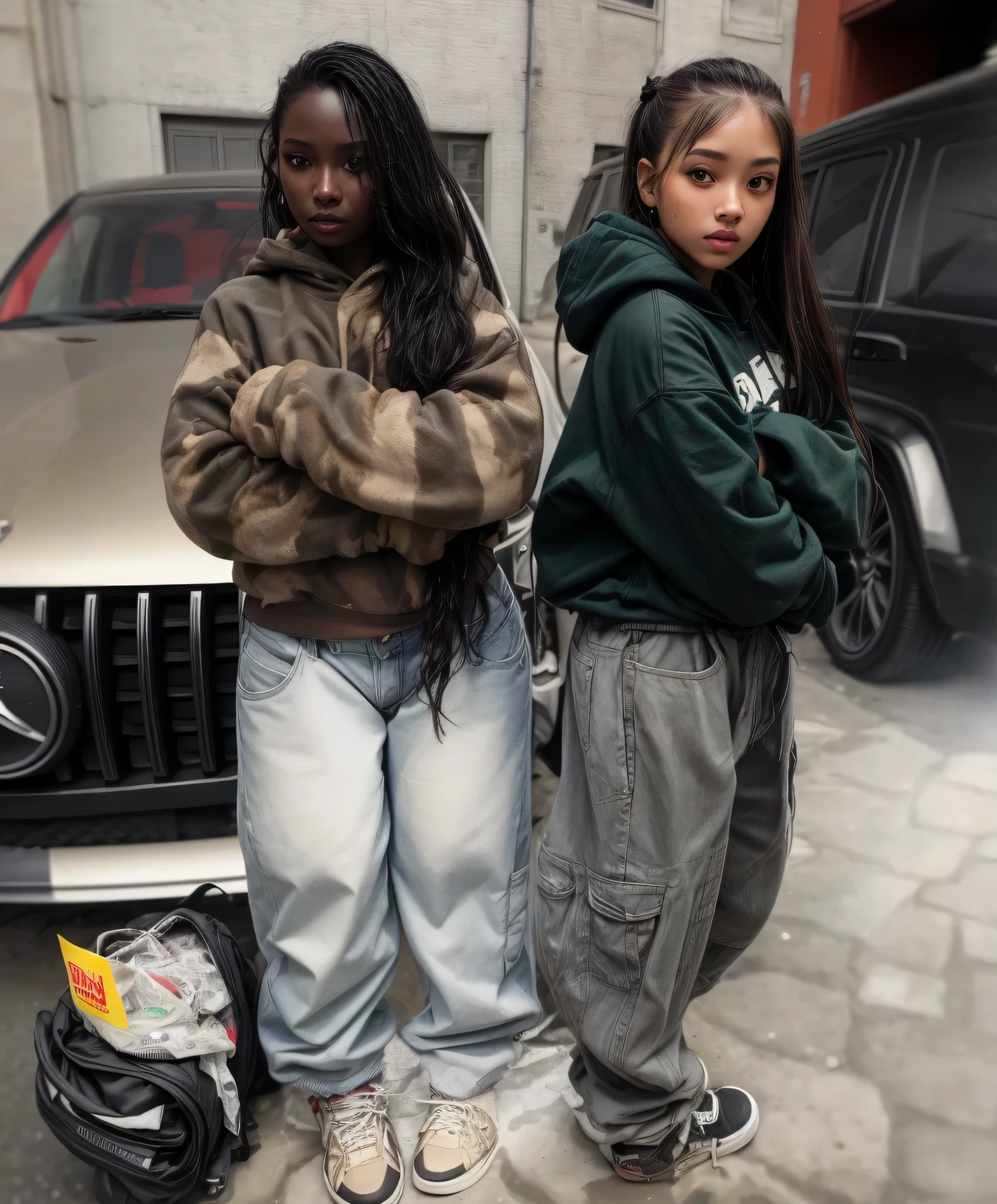 "A solo hip hop gangtsa shot featuring mixed  race female rapper chav gangsta showcasing her ajusting her hip hop baggy attire plus her  gangsta  sunglsses posing like a gangsta flex their bling !  DealWithIt"