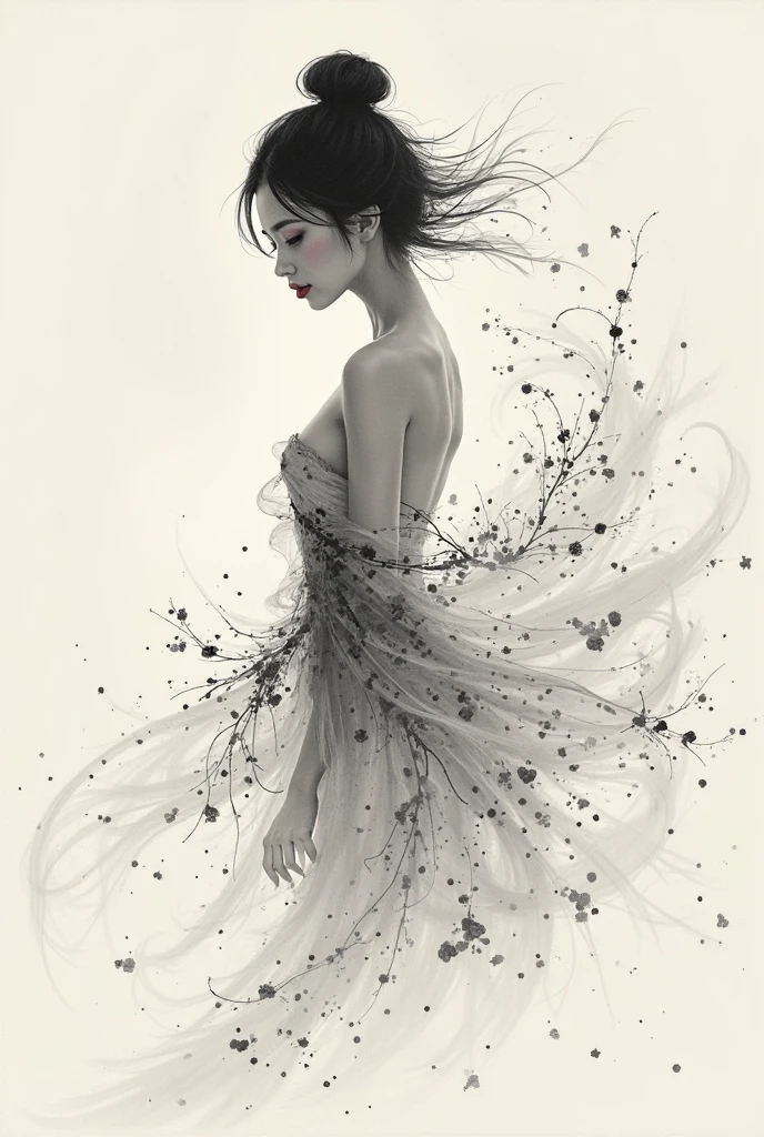 a beautiful girl, delicate strokes, fluid motion, subtle ink washes, elegant posture, serene gaze, fine details, black and white, clean