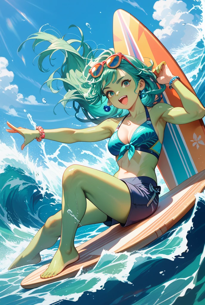 (masterpiece, best quality:1.2), <lyco:kidicarus_palutena-15:1.0>, <lyco:Surfing:0.8>, solo, 1girl, palutena, grin, surfing, waves, forehead jewel, tiara, swimsuit, bikini, jewelry, necklace, large breasts