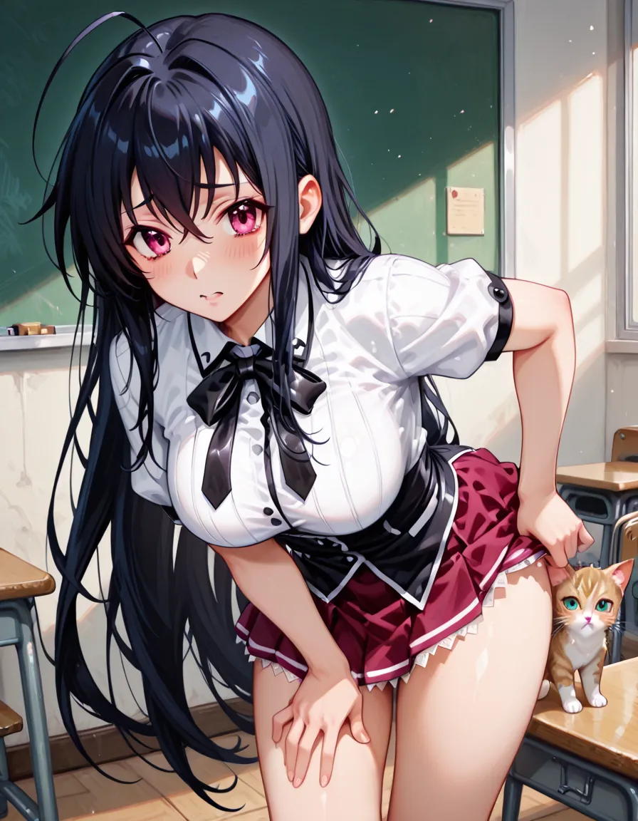 (A young attractive woman, very busty, long black messy hair like she just woke up, confused embarrassed expression, white open blouse revealing her light pink bra, black skirt unzipped at her ankles, soaked pink panties, red scarf) she is hot and flustered lying on her back on her desk legs spread, she is exhausted her body is drenched with sweat, her panties and thighs are soaked with her cum. (subject 2: A goth girl from the back of her class has gotten close to the teacher, she pretends to offer aid as she gropes the teachers breast and vagina, a wicked pleased smile on the students face)
