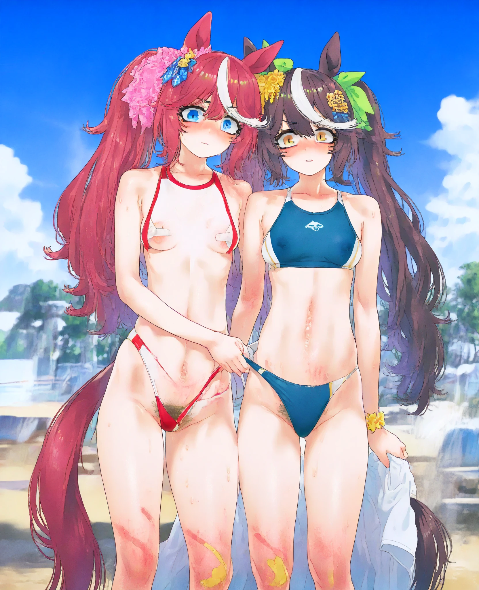 2 girls, naked, no clothes, Hutao from Genshin, in the beach, lies on the ground, with legs spread