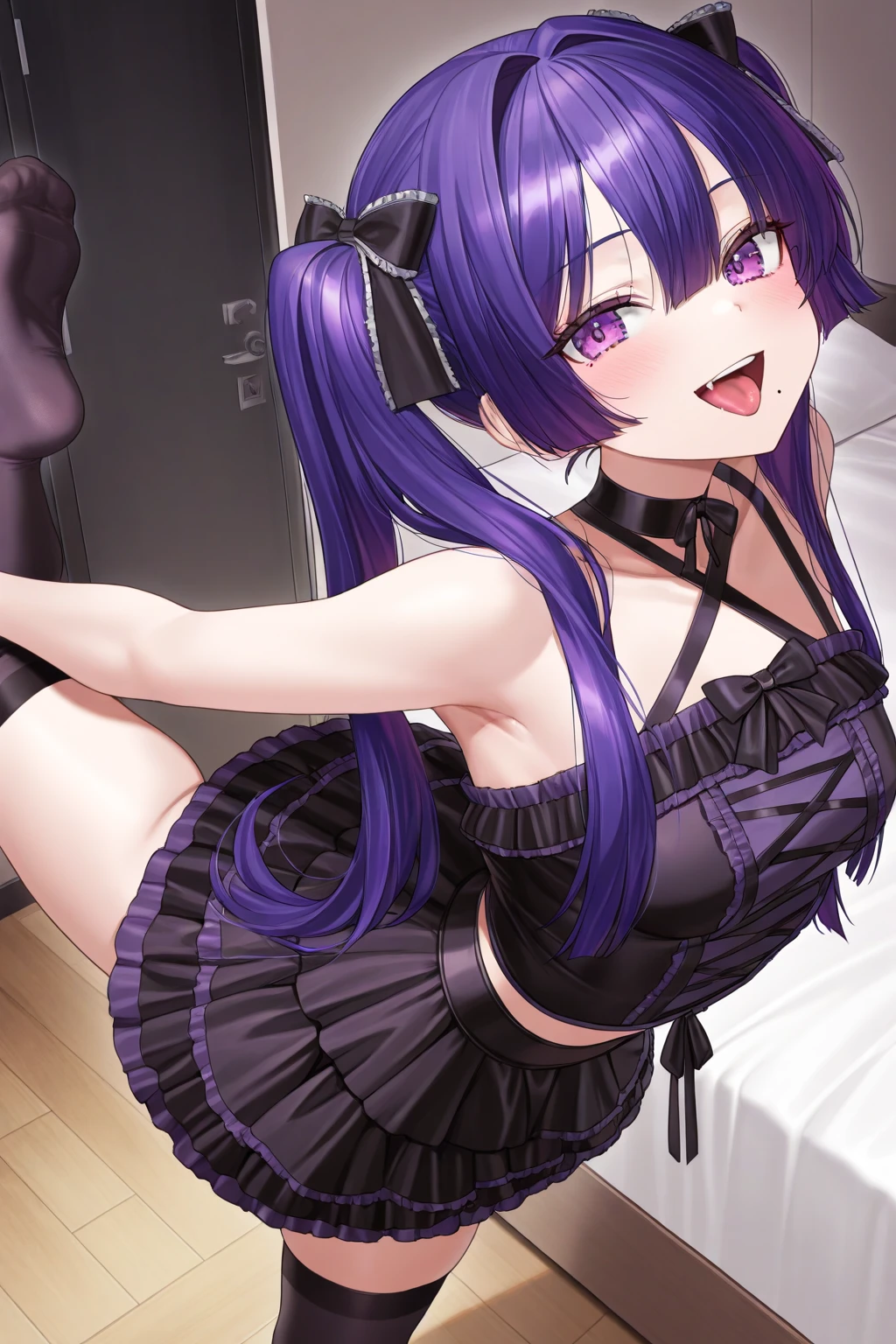 masterpiece, best quality, highres, 1girl shiver, thigh high socks, black panties,smug grin, bottom up view, bedroom, laying down, on top of you
